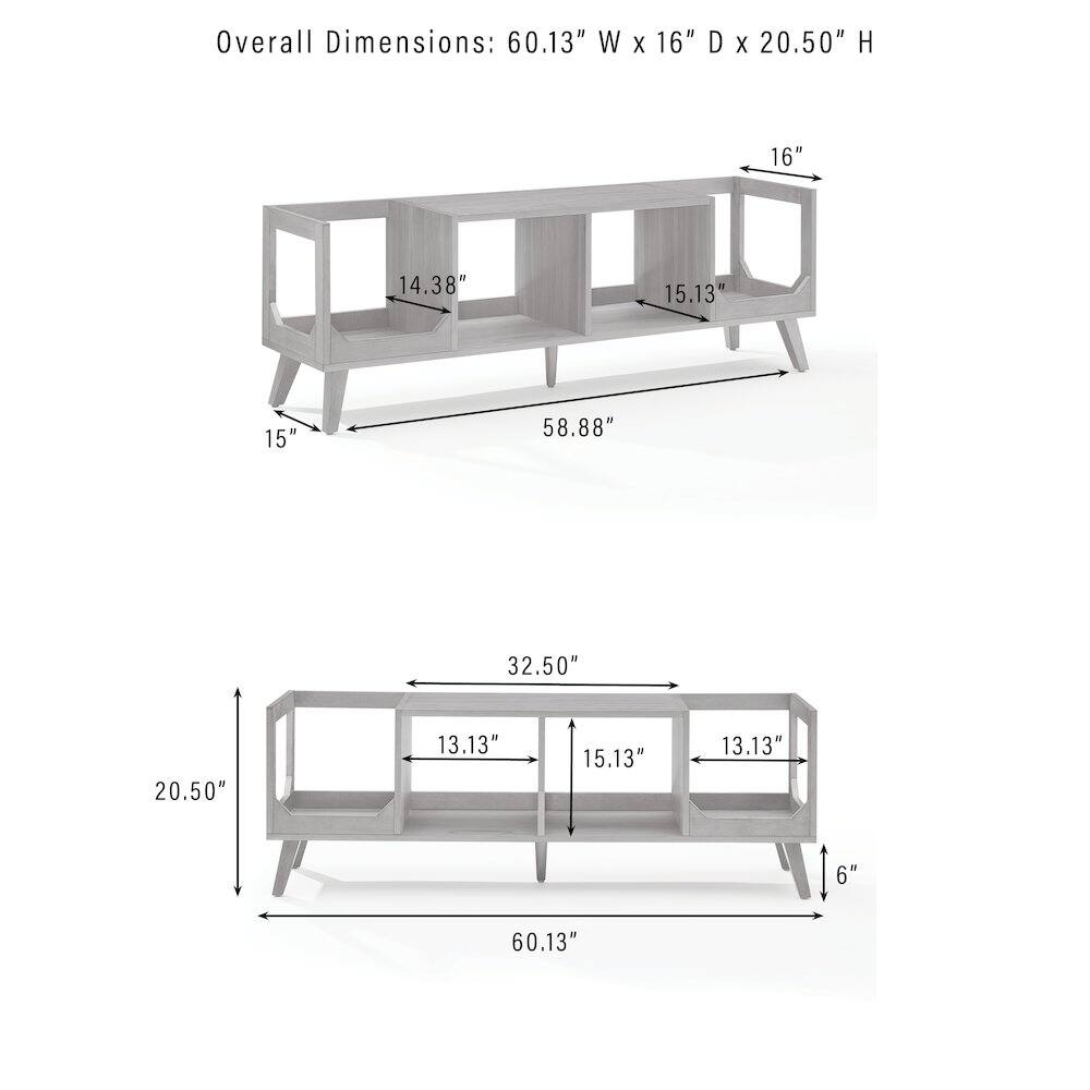 Overall Dimensions: 60.13" W x 16" D x 20.50" H

- 16"
- 14.38"
- 15.13"
- 15"
- 58.88"
- 32.50"
- 20.50"
- 13.13"
- 15.13"
- 13.13"
- 6"
- 60.13"