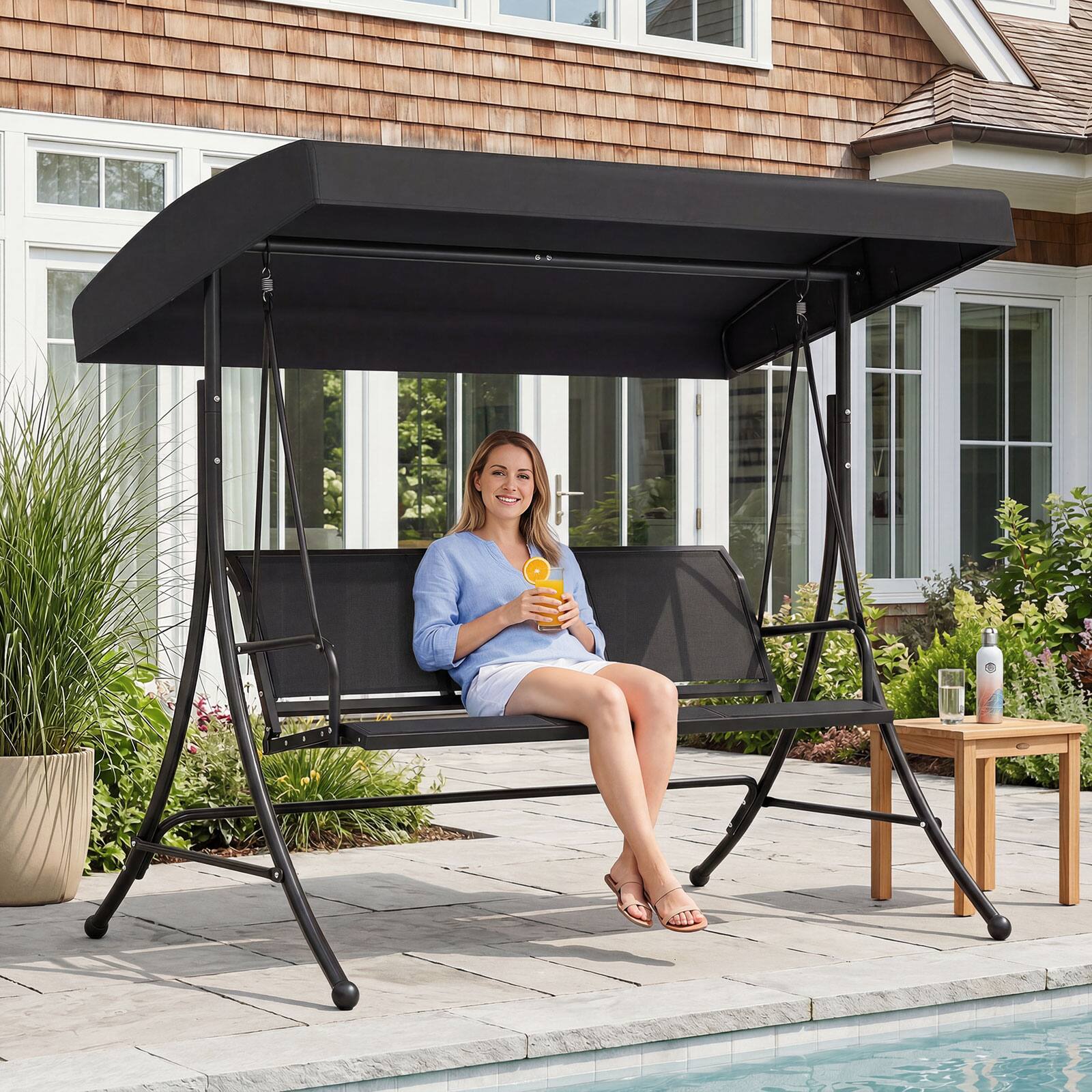 Alt View 1. Costway - Costway 3-Seat Patio Swing Chair, Outdoor Swing with Adjustable Canopy, Heavy-Duty Stand - Black.