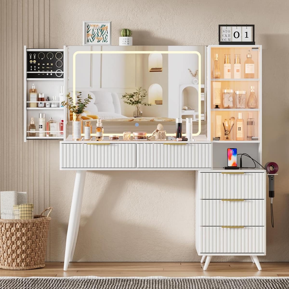 Loheer - Vanity Desk With Mirror and Lights, Glass Top, 54-Inch Bedroom Makeup Table - White