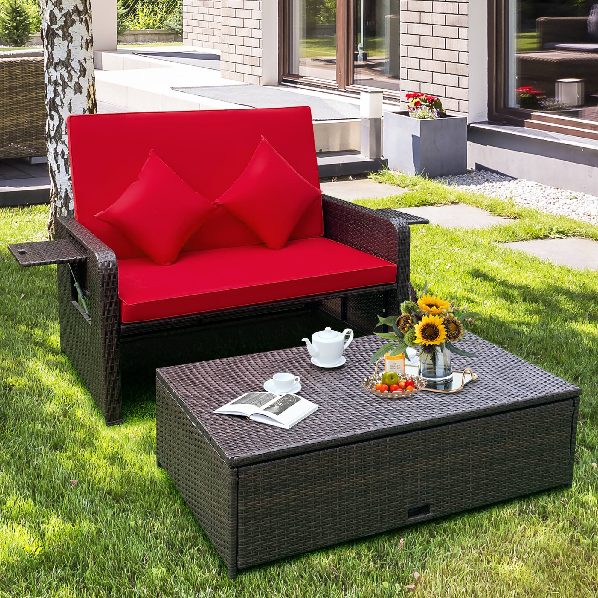 Alt View 10. Costway - Patio Rattan Loveseat Set Daybed Lounge Storage Ottoman Side Tables Adjust - Red.