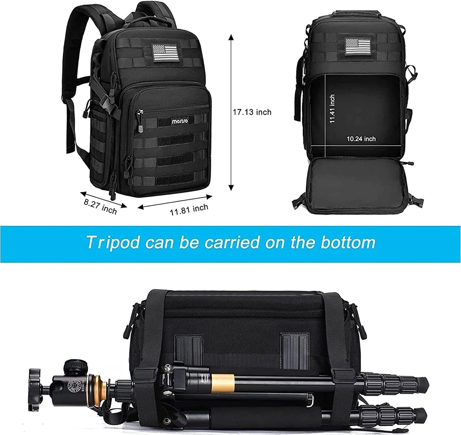 monso 17.13 inch 11.41 inch 10.24 inch 8.27 inch 11.81 inch Tripod can be carried on the bottom