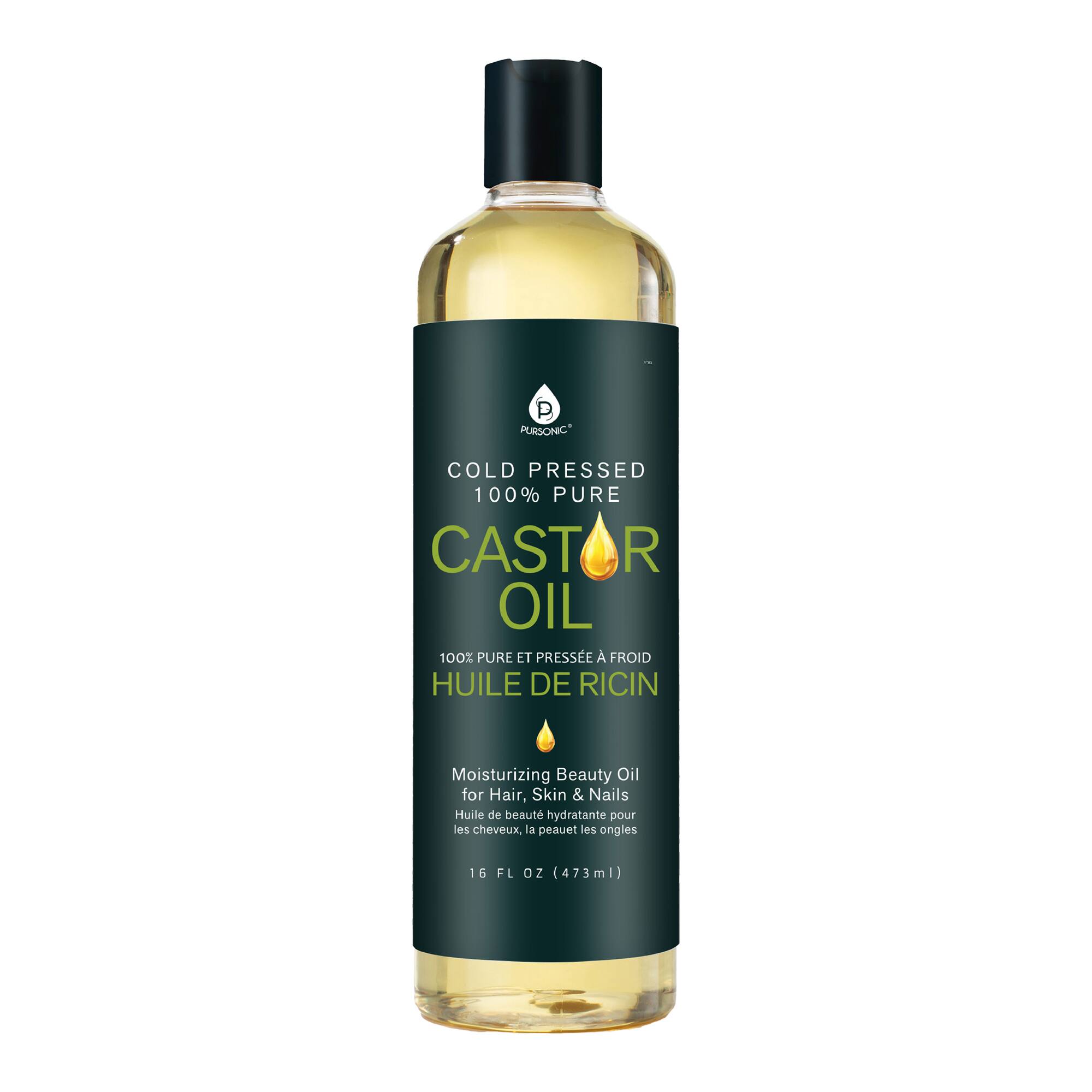 P PURSONIC COLD PRESSED 100% PURE CASTOR OIL 100% PURE ET PRESSE A FROID HUILE DE RICIN  Moisturizing Beauty Oil for Hair, Skin & Nails Huile de beauté hydratante pour les cheveux, la peau et les ongles 16 FL oz (473ml)