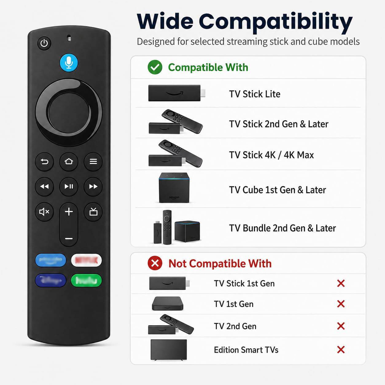 Wide Compatibility  
Designed for selected streaming stick and cube models  

Compatible With  
- TV Stick Lite  
- TV Stick 2nd Gen & Later  
- TV Stick 4K / 4K Max  
- TV Cube 1st Gen & Later  
- TV Bundle 2nd Gen & Later  

Not Compatible With  
- TV Stick 1st Gen  
- TV 1st Gen  
- TV 2nd Gen  
- Edition Smart TVs