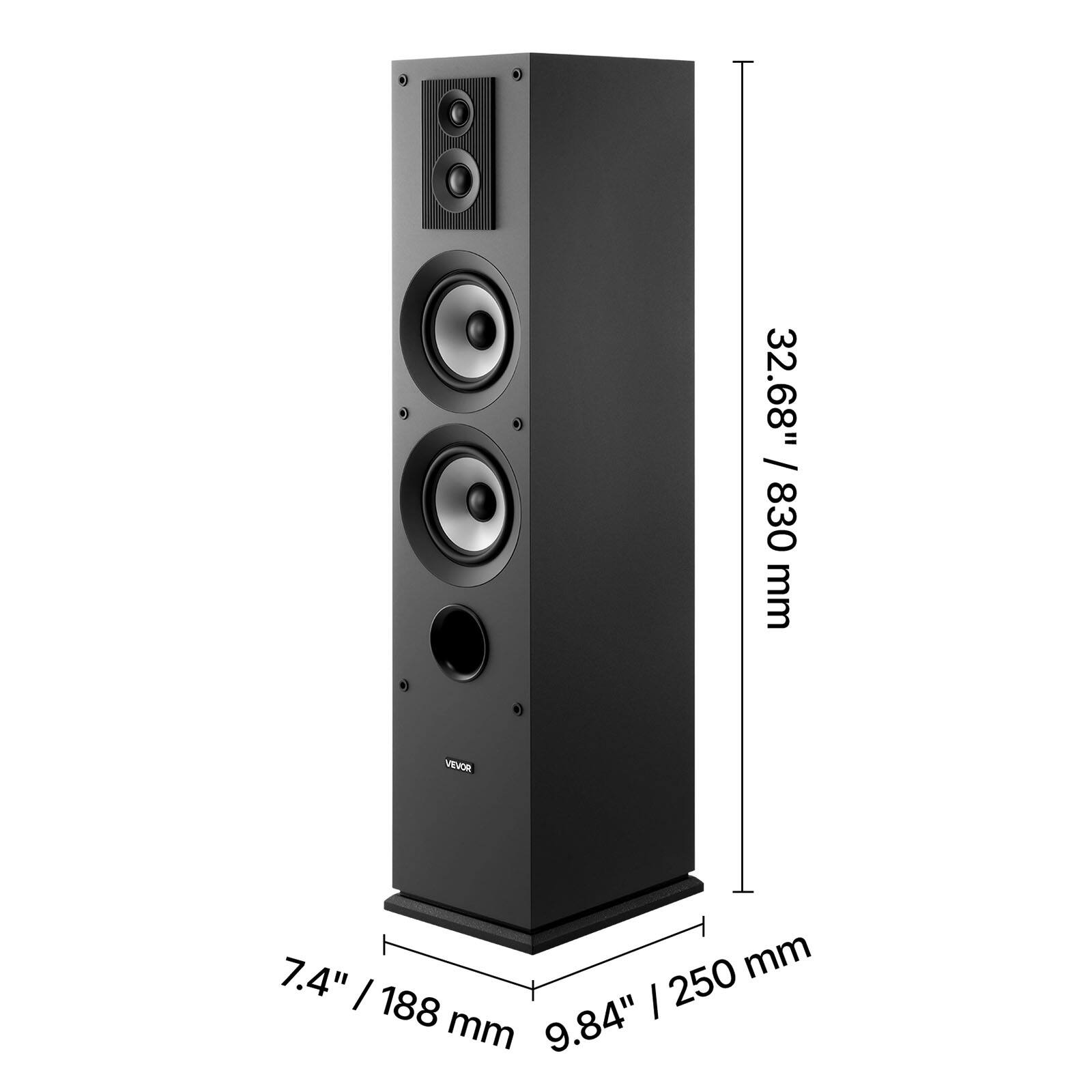 32.68" / 830 mm  
7.4" / 188 mm  
9.84" / 250 mm