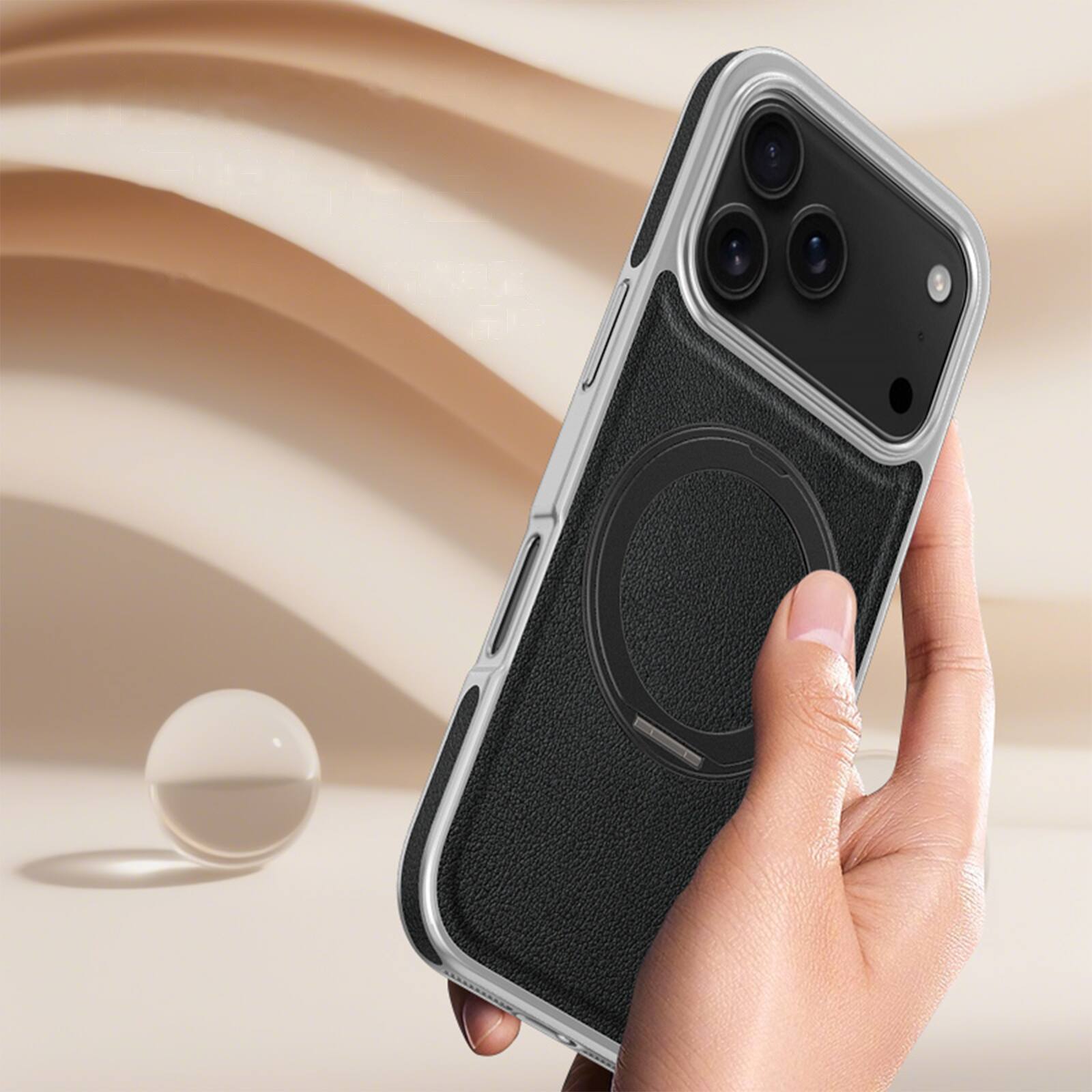 Alt View 1. Dteck - Magnetic Shockproof Phone Case for Apple iPhone 17 Pro with 360 Rotating Ring Stand, PU Leather Hard PC Protective Cover - Gold.