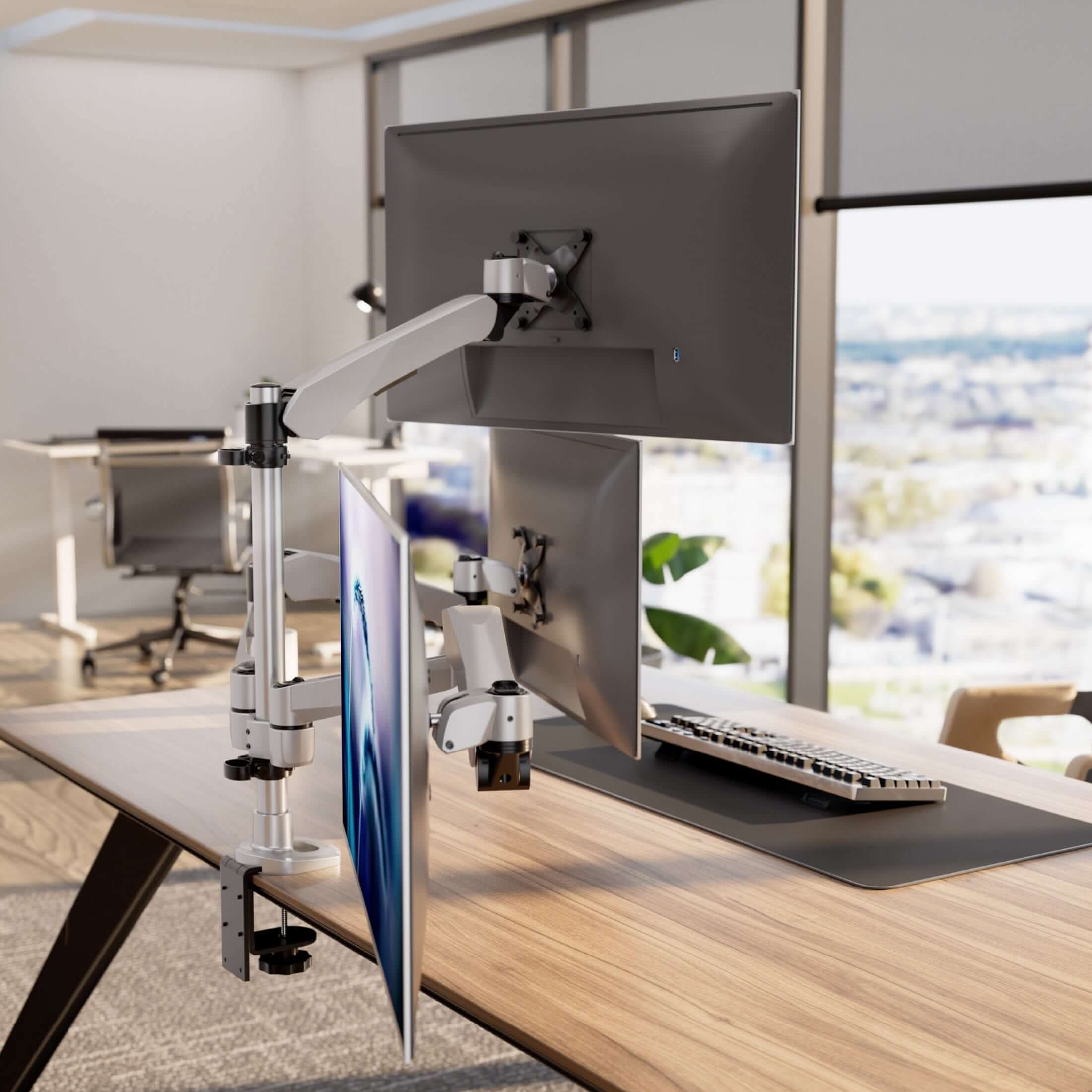 Left. Mount-It! - CLiX Series Articulating Triple Pyramid Monitor Desk Mount – Full Motion Stand for Three Screens, Height Adjustable - Silver.