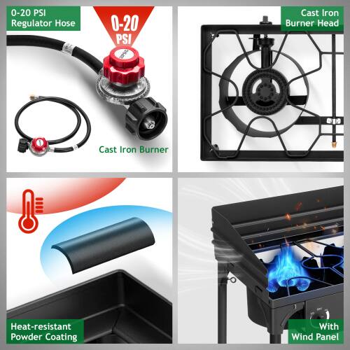 0-20 PSI Regulator Hose  
0-20 PSI Cast Iron Burner Head  
Cast Iron Burner  
Heat-resistant Powder Coating  
With Wind Panel