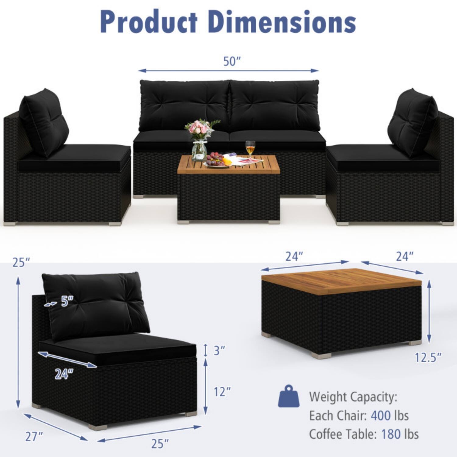Product Dimensions  
50" x 25" x 24" x 24" x 5" x 27" x 24" x 25" x 3" x 12" x 12.5"  

Weight Capacity:  
Each Chair: 400 lbs  
Coffee Table: 180 lbs