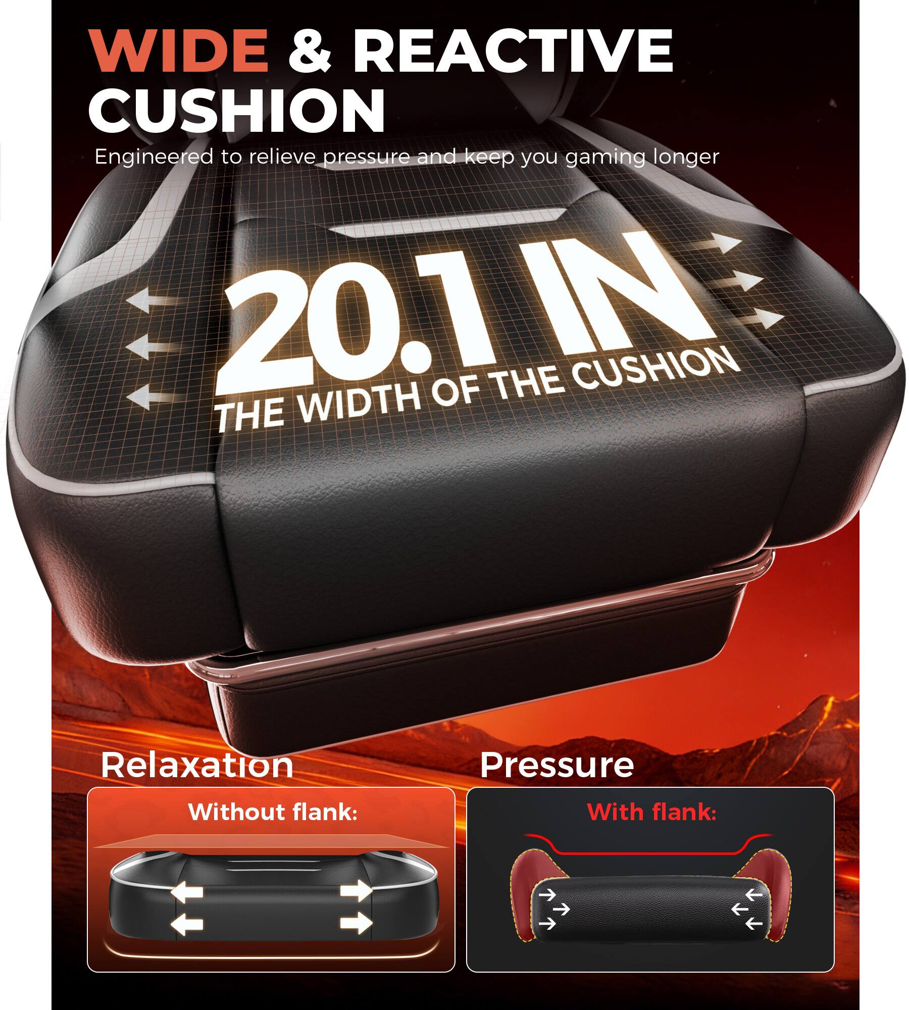 WIDE & REACTIVE CUSHION  
Engineered to relieve pressure and keep you gaming longer  

20.1 IN  
THE WIDTH OF THE CUSHION  

Relaxation  
Without flank:  

Pressure  
With flank: