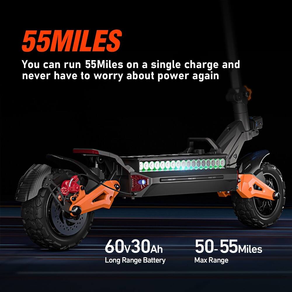 55 MILES  
You can run 55 Miles on a single charge and never have to worry about power again  

60v30Ah  
Long Range Battery  

50-55 Miles  
Max Range