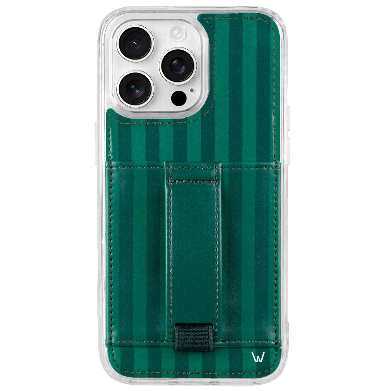 Front. Walli Cases - Walli Cases iPhone 16 Pro Max Phone Case with Wallet and Finger Strap - Evergreen - Evergreen Stripe.