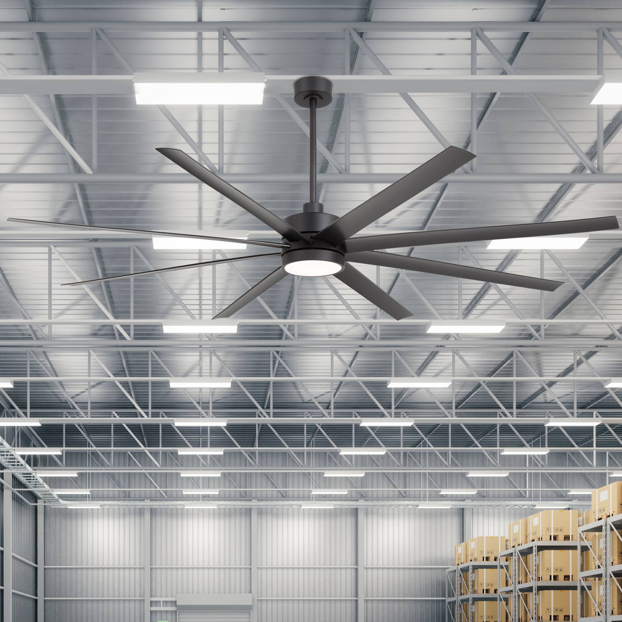 Left. Breezary - 84-in Large Ceiling Fan with 8 ABS Blades, 6-Speed DC Motor, Remote Control, 3 Downrods with Timer, Optional Light Kit - Matte Black (With Light).