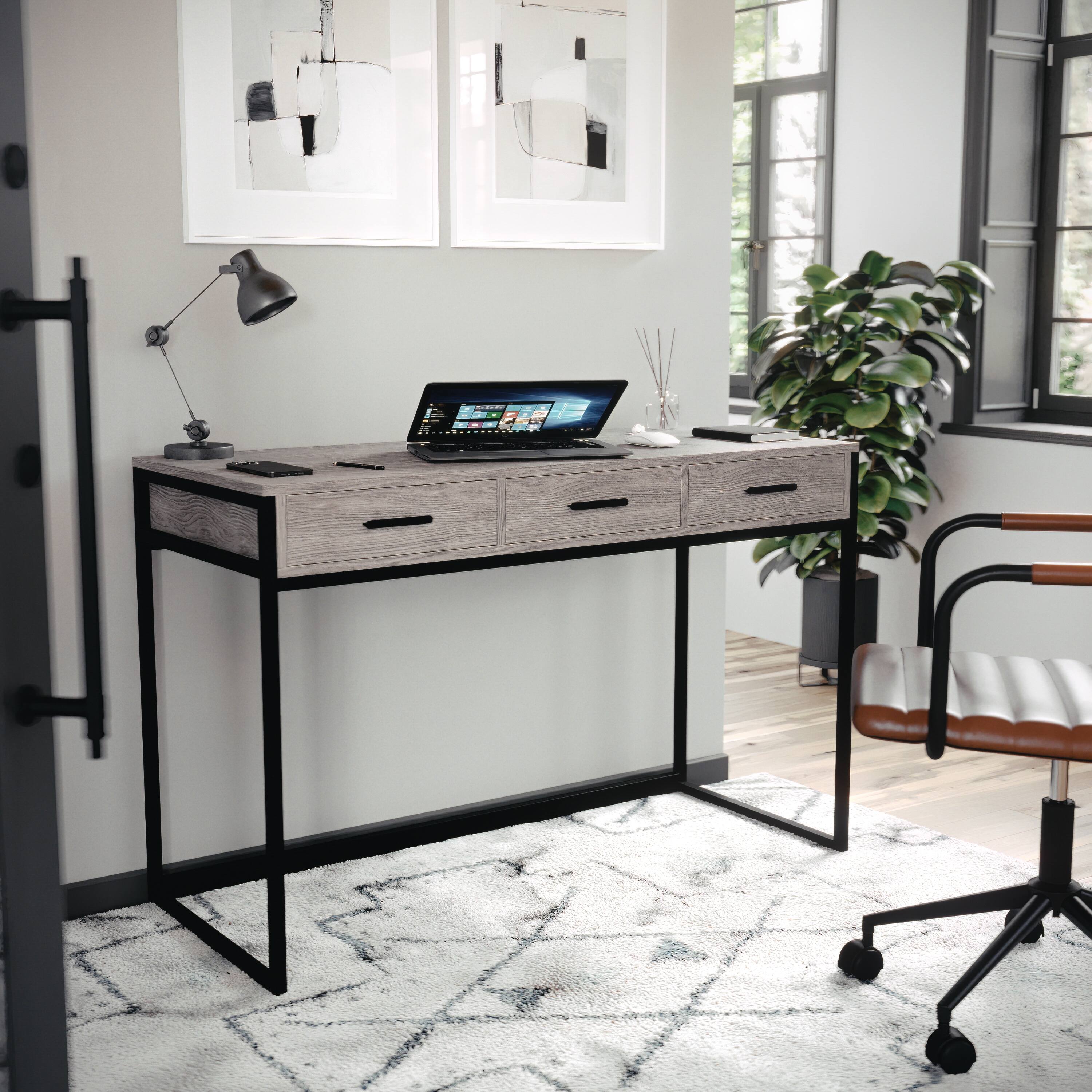 Alt View 11. Martha Stewart - Ollie Gray 3 Drawer Home Office Desk - Gray Top/Oil Rubbed Bronze Frame.