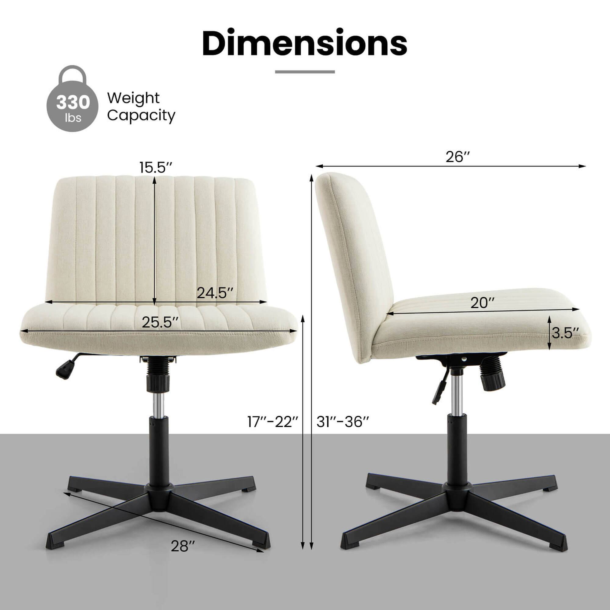 Dimensions: 330 lbs weight capacity, 15.5" x 26" x 24.5" x 25.5" x 20" x 3.5" x 17"-22" x 31"-36" x 28".