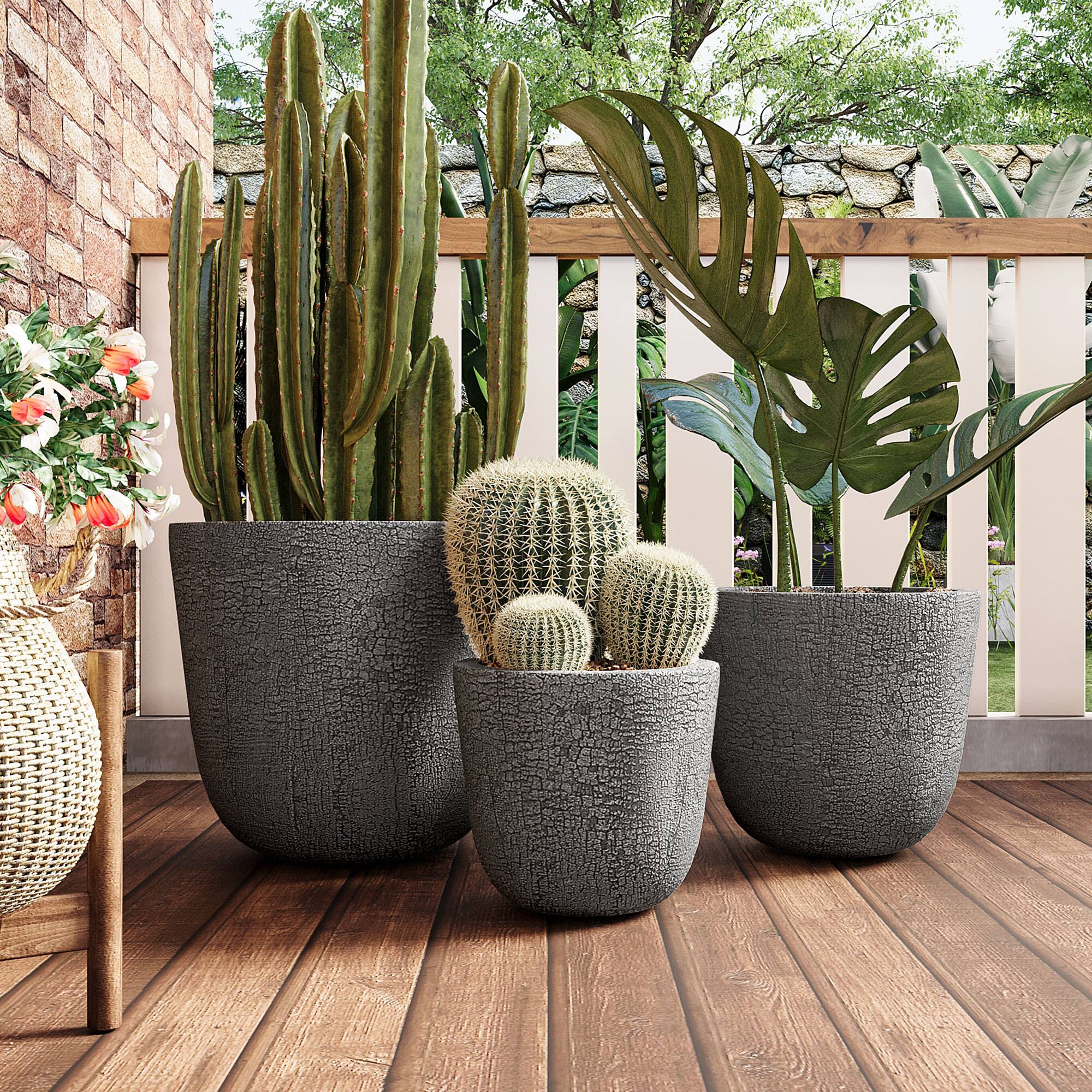 Angle. Mondawe - MGO Round Stackable Planter Set with Drainage Holes and Rubber Plug,-3 Sizes (16.93"/3.78"/11.02") - Gray.