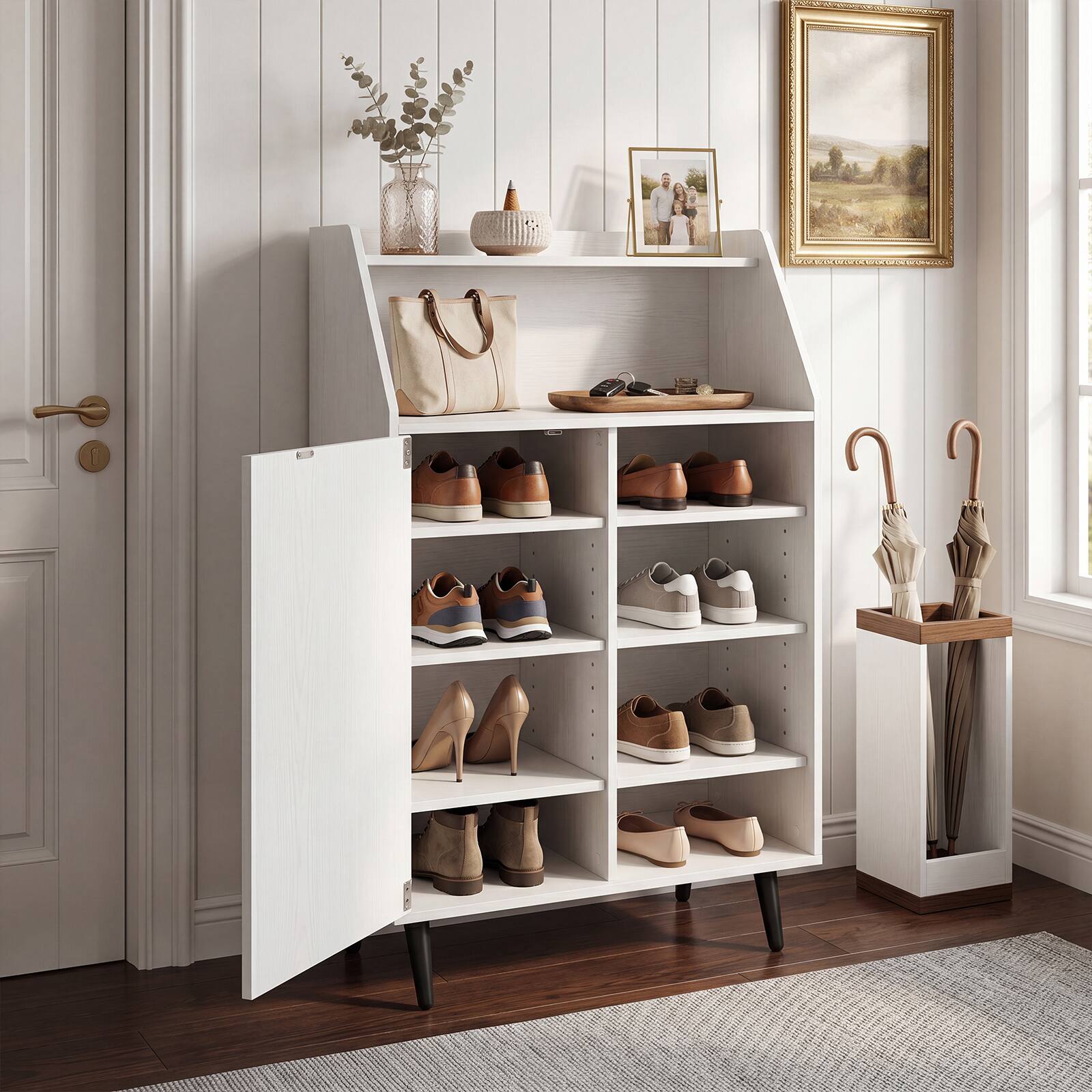 Alt View 3. Costway - Costway Shoe Storage Cabinet with 2-Tier Open Compartment, 4-Tier Adjustable Shelf for Home - White.