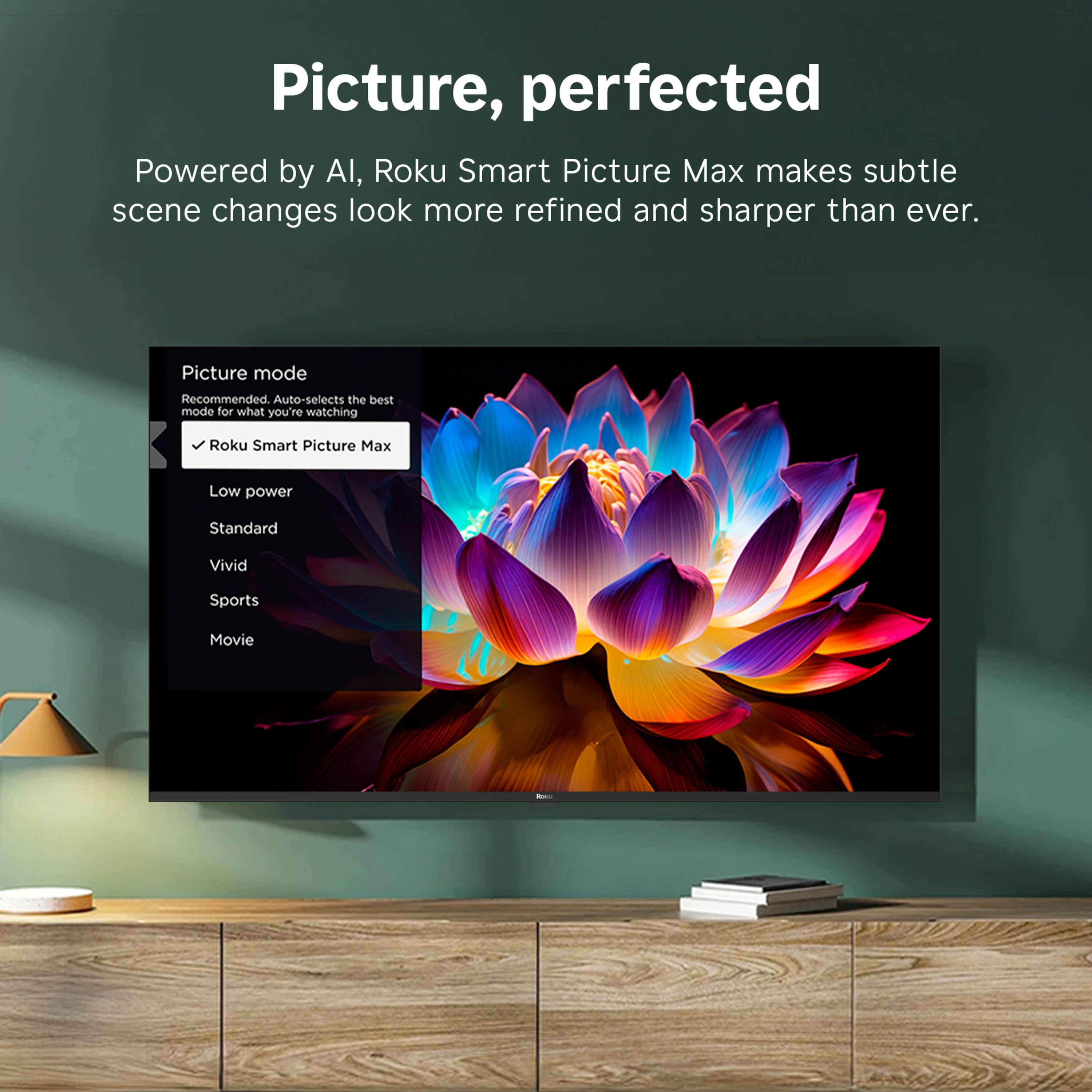 Picture, perfected  
Powered by AI, Roku Smart Picture Max makes subtle scene changes look more refined and sharper than ever.  

Picture mode  
Recommended. Auto-selects the best mode for what you're watching  
- Roku Smart Picture Max  
- Low power  
- Standard  
- Vivid  
- Sports  
- Movie
