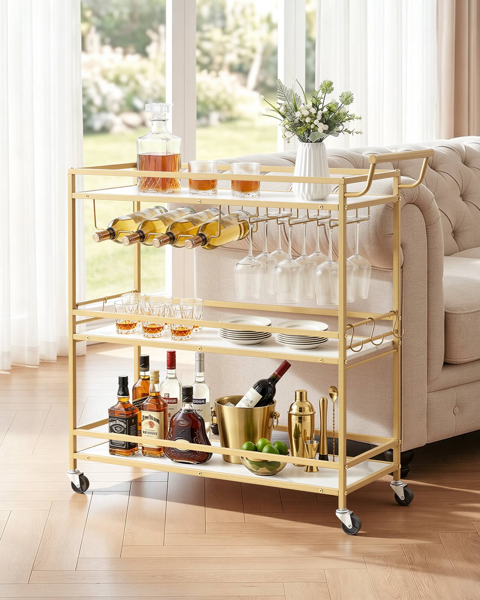 Alt View 2. VEVOR - Bar Cart, 3 Tiers Home Kitchen Serving Carts, Modern Rolling Utility Station on Wheels, Mobile Drink Beverage Trolley - Gold + White.