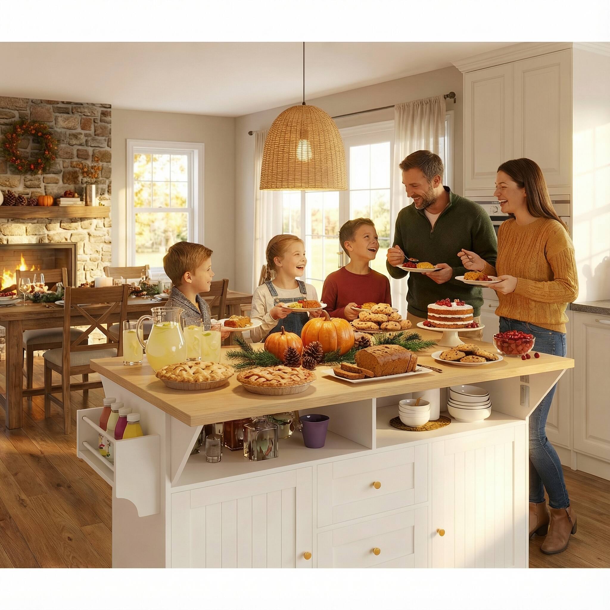 Alt View 2. Aukfa - Large Kitchen Island with 2 Drop Leaves - Rolling Cart, Power Outlet, Spice Rack, 3 Drawers, for Kitchen & Dining Room - White.