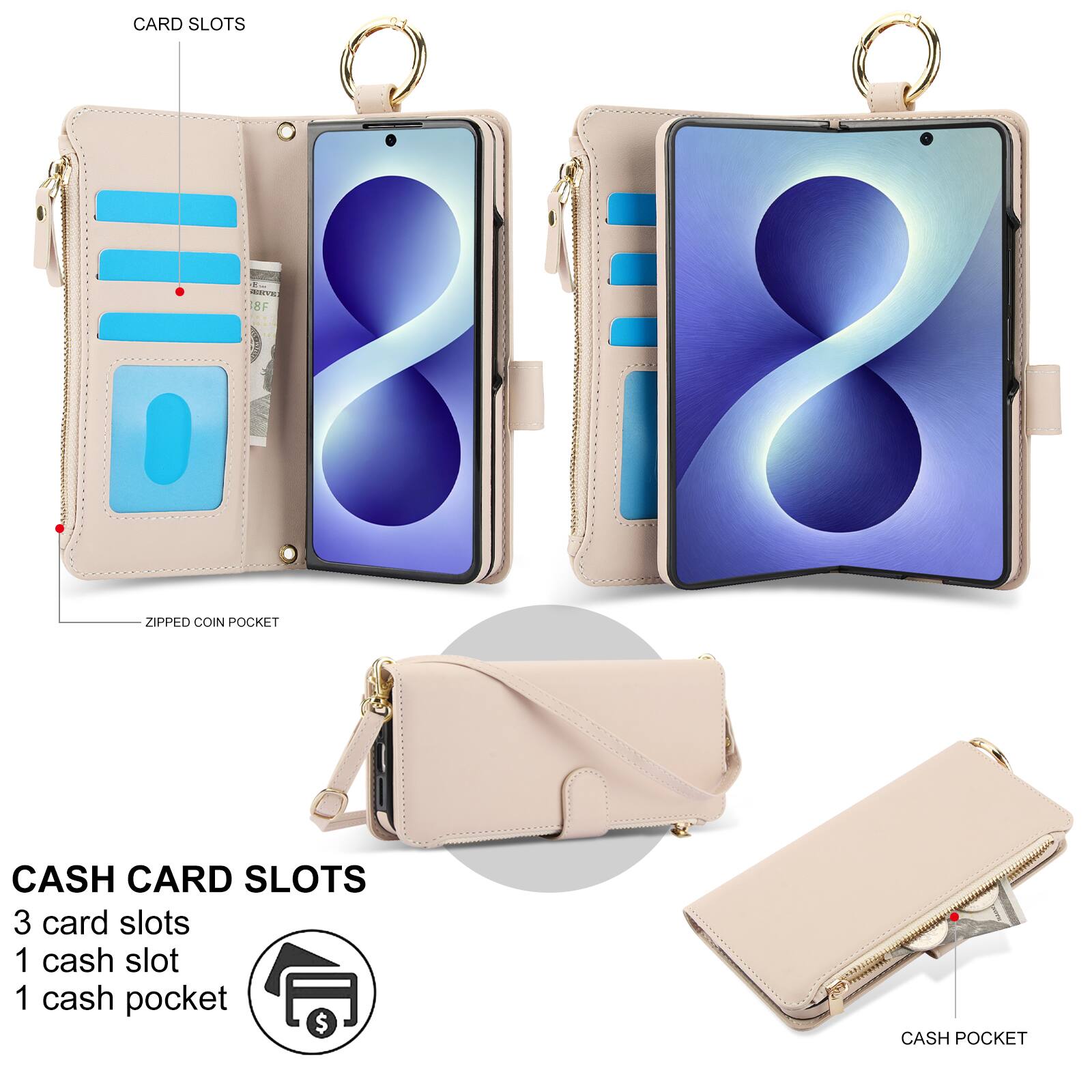 CARD SLOTS

ZIPPED COIN POCKET

CASH CARD SLOTS
3 card slots
1 cash slot
1 cash pocket

CASH POCKET