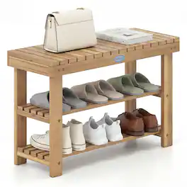 Costway - 3-Tier Solid Wood Shoe Rack Bench Free Standing Shoe Organizer with Slatted Shelves - Natural