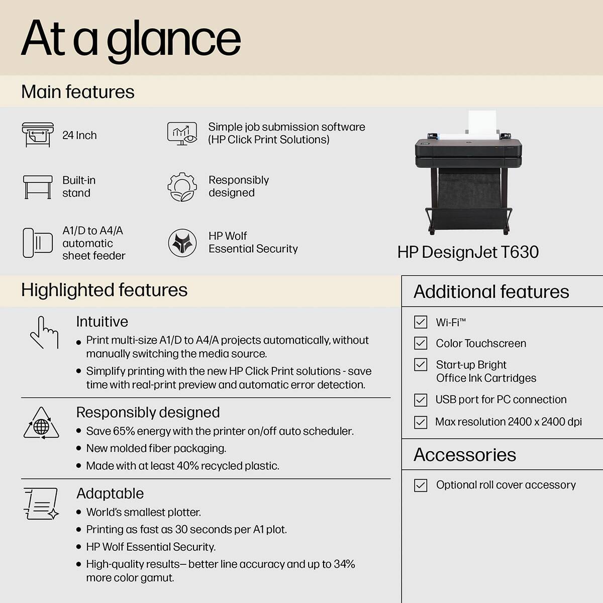 At a glance

Main features
- 24 Inch
- Simple job submission software (HP Click Print Solutions)
- Built-in stand
- Responsibly designed
- A1/D to A4/A automatic sheet feeder
- HP Wolf Essential Security

Highlighted features
- Intuitive
  - Print multi-size A1/D to A4/A projects automatically, without manually switching the media source.
  - Simplify printing with the new HP Click Print solutions - save time with real-print preview and automatic error detection.
- Responsibly designed
  - Save 65% energy with the printer on/off auto scheduler.
  - New molded fiber packaging.
  - Made with at least 40% recycled plastic.
- Adaptable
  - World's smallest plotter.
  - Printing as fast as 30 seconds per A1 plot.
  - HP Wolf Essential Security.
  - High-quality results - better line accuracy and up to 34% more color gamut.

Additional features
- Wi-Fi™
- Color Touchscreen
- Start-up Bright
- Office Ink Cartridges
- USB port for PC connection
- Max resolution 2400 x 2400 dpi

Accessories
- Optional roll cover