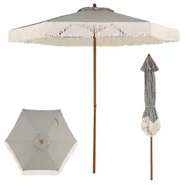 Costway - Patio Umbrella with Fringe, Sun-Protective Polyester Canopy, Beach Umbrella - Green+White+Natural