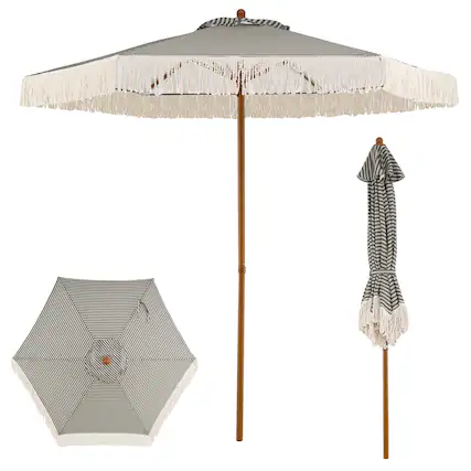 Front. Costway - Costway Patio Umbrella with Fringe, Sun-Protective Polyester Canopy, Beach Umbrella - Green+White+Natural.