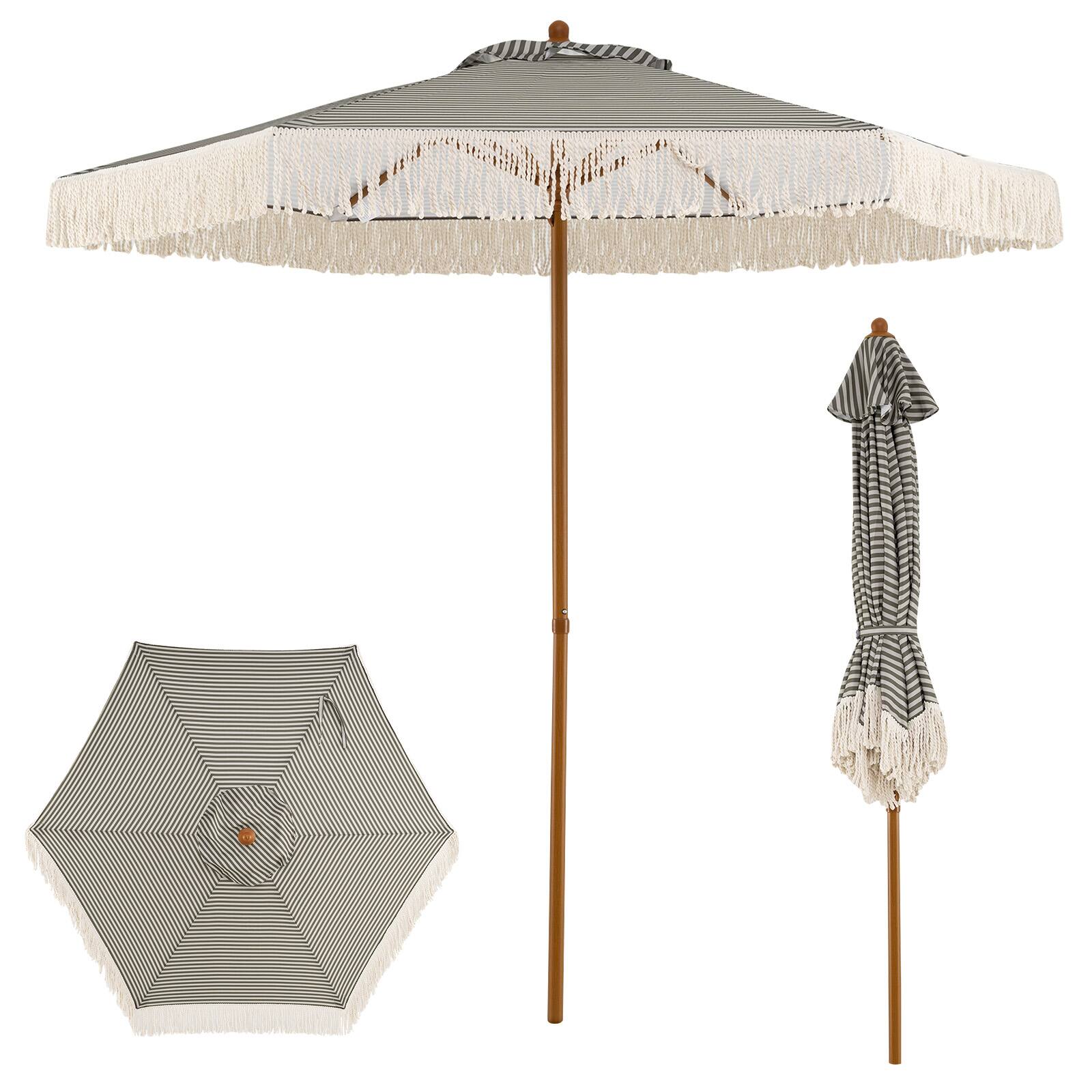 Front. Costway - Costway Patio Umbrella with Fringe, Sun-Protective Polyester Canopy, Beach Umbrella - Green+White+Natural.