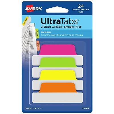 Avery - UltraTabs Repositionable Margin Tabs, 2.5" Wide, Assorted Colors, 24/Pack - Green/Orange/Pink/Yellow