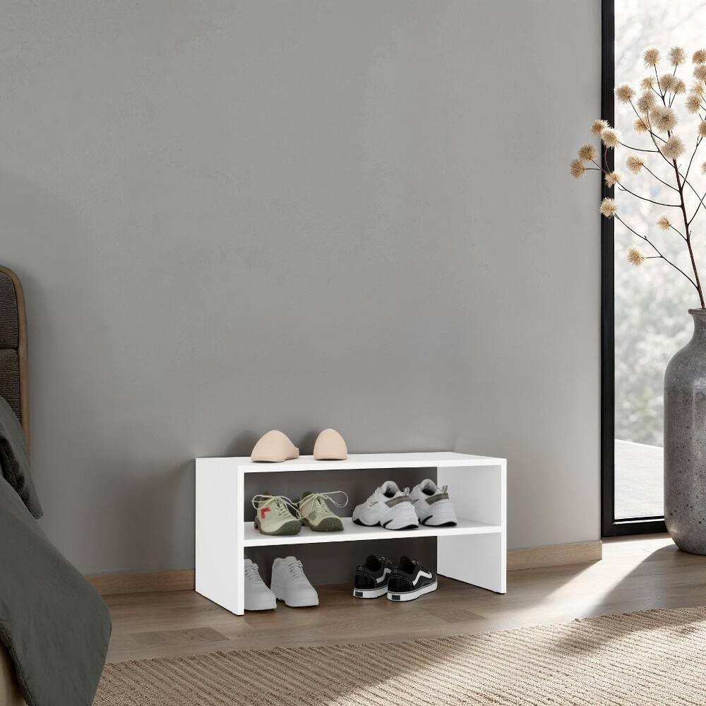 Front. Loheer - Loheer Small White Shoe Rack, 3 Tier Open Shoe Shelf for Entryway, Particle Board - White.