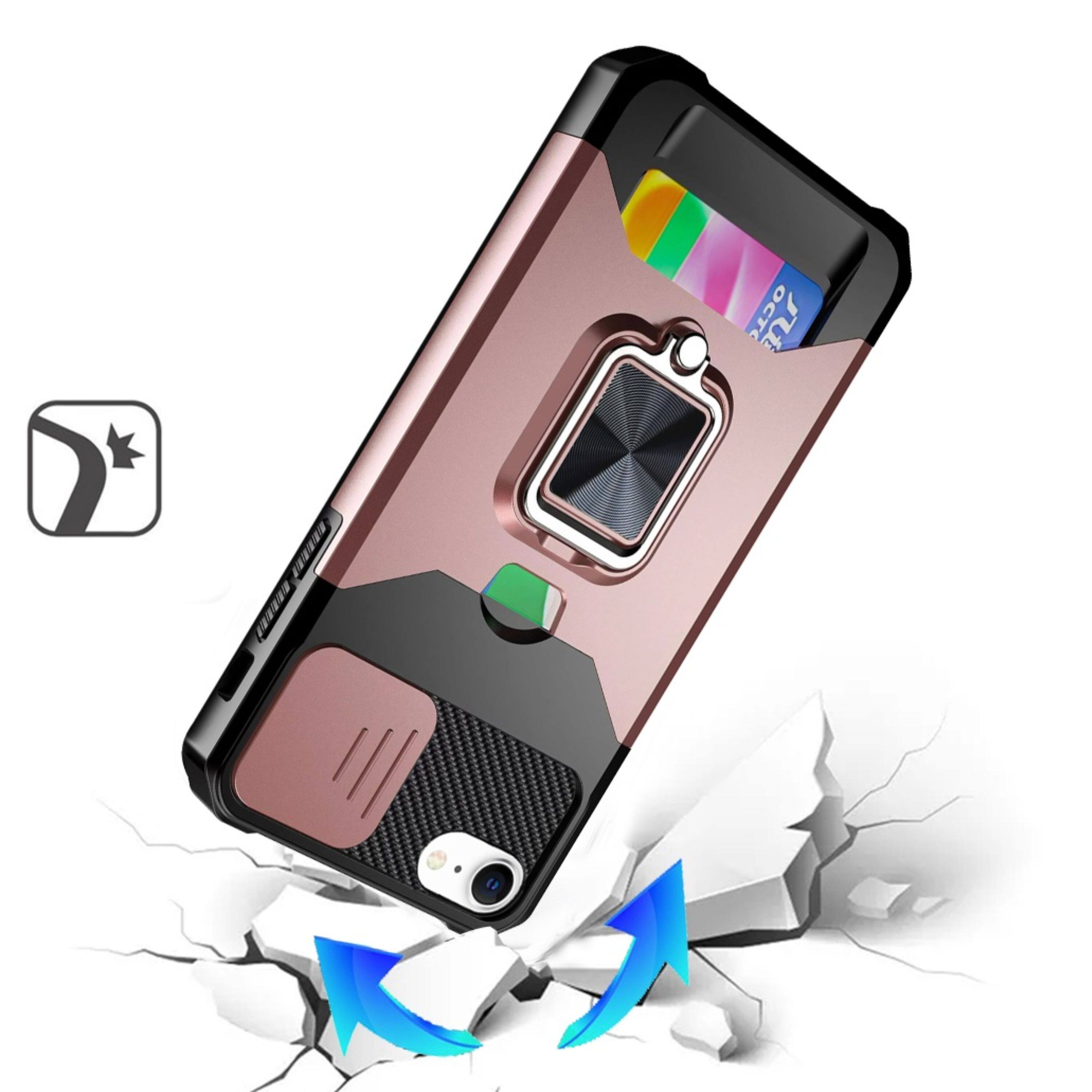 Left. Kitcheniva - Rugged Multi-Use Card Magnetic Ring Stand Cover Phone Case With Tempered Glass For iPhone 16e/17e - Rose Gold.