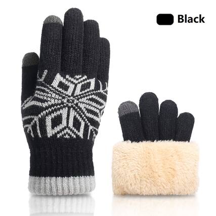 Front. Auledio - 1 Pair Black Christmas Winter Wool Knit Gloves for Men Women,Fleece Lined Warm Stretchy Glove with Touch Screen Fingers - Black.