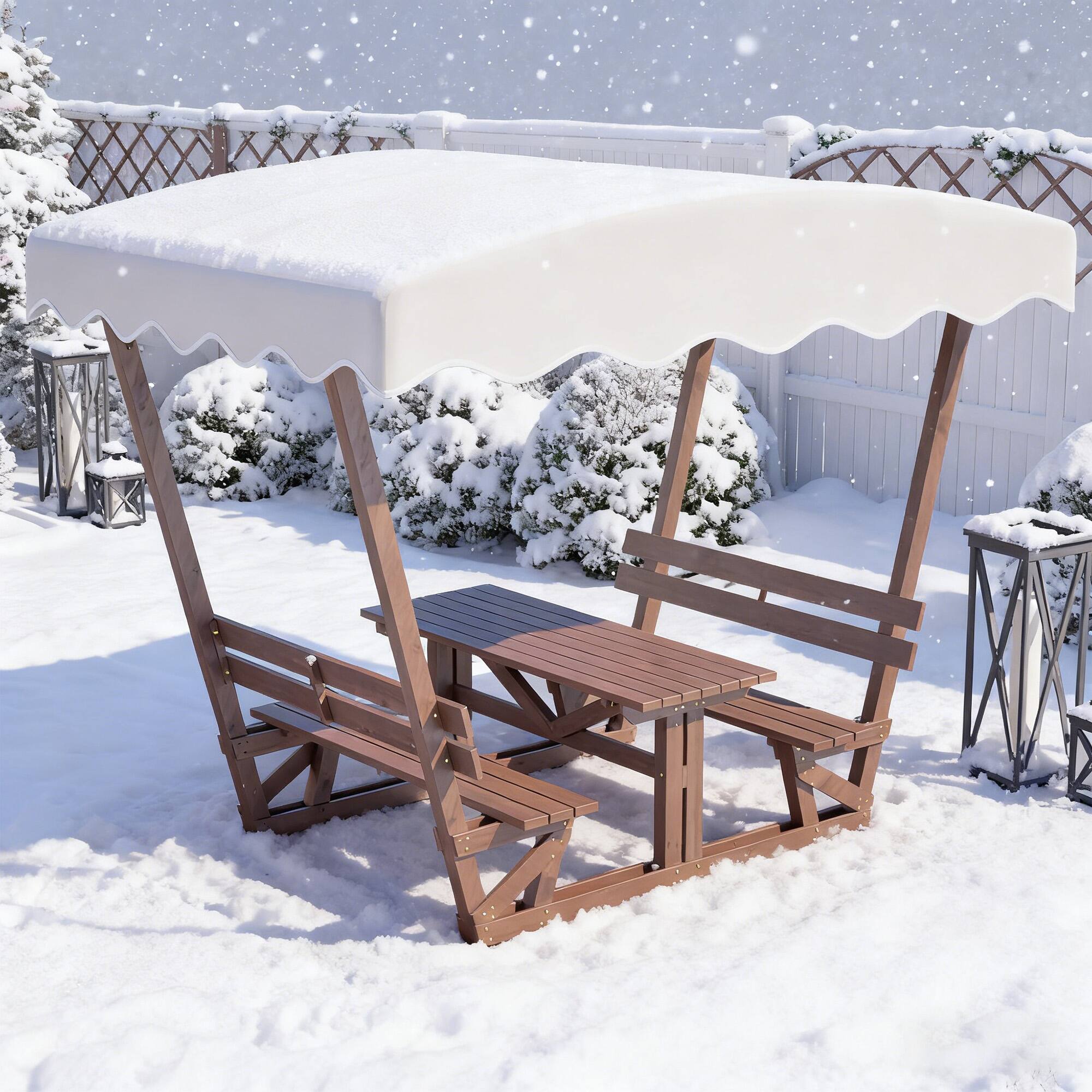 Left. Mondawe - Outdoor waterproof solid wood picnic table and bench set with removable canopy - Brown.