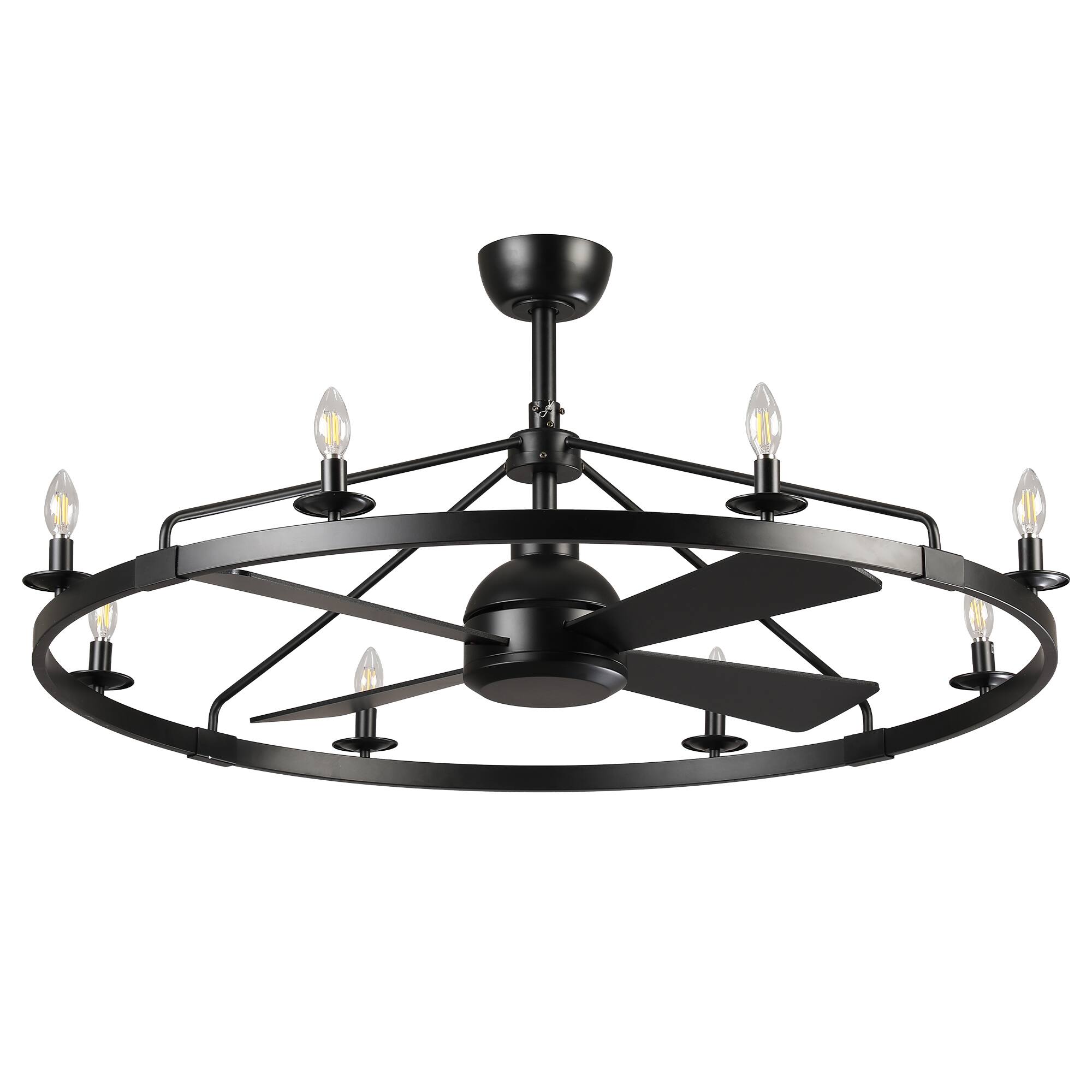 Alt View 7. Vaczon - 43" Industrial Matte Black Caged Wagon Wheel Rustic Chandelier Ceiling Fan with Remote - Matte Black.