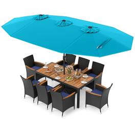 Costway - 11 PCS Patio Wicker Dining Set with Double-Sided Outdoor Umbrella 8 Stackable Chairs - Turquoise+Navy