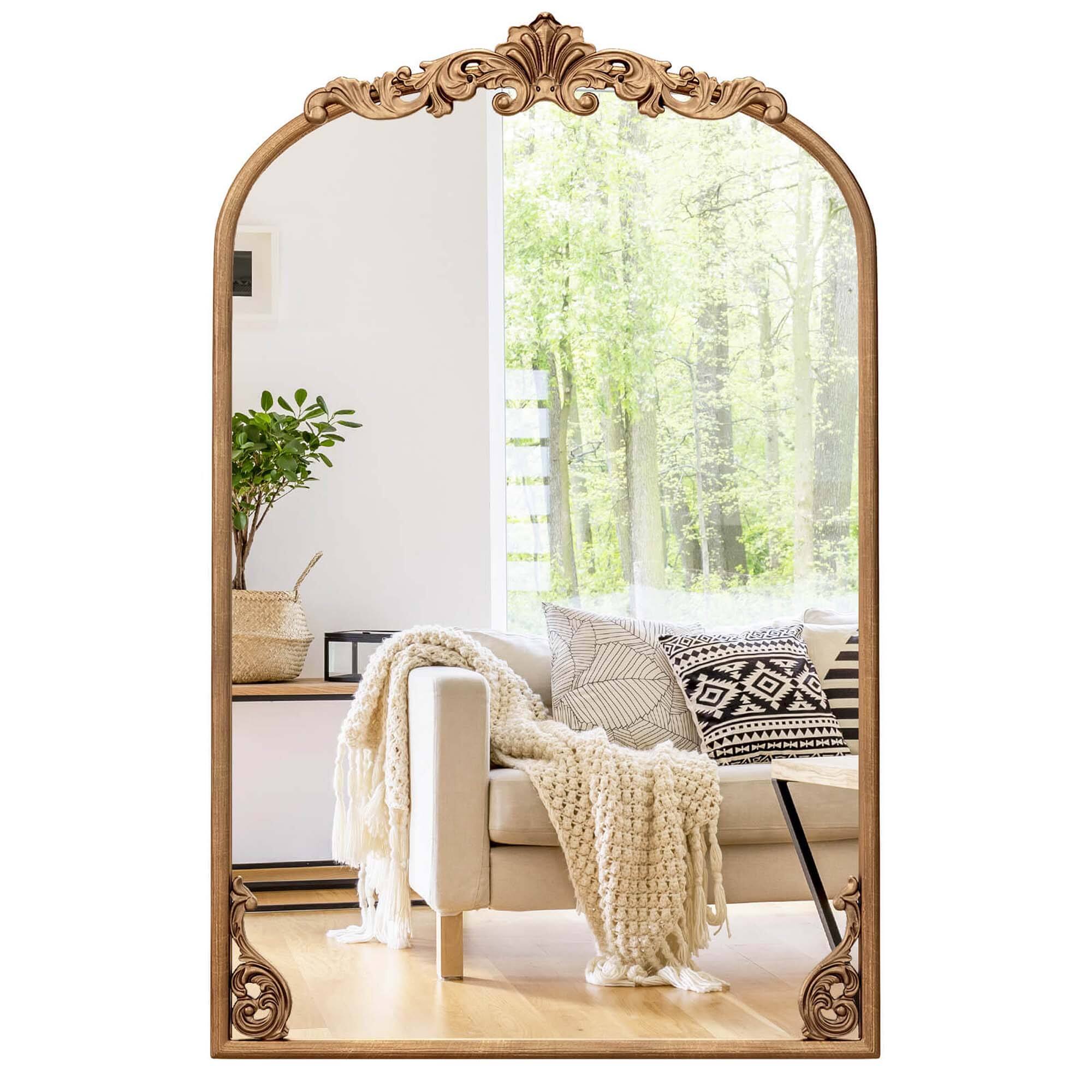 Front. Costway - Costway 30" x 20" Gold Traditional Vintage Ornate Baroque Arched Mirror for Wall with Metal Frame - Gold.