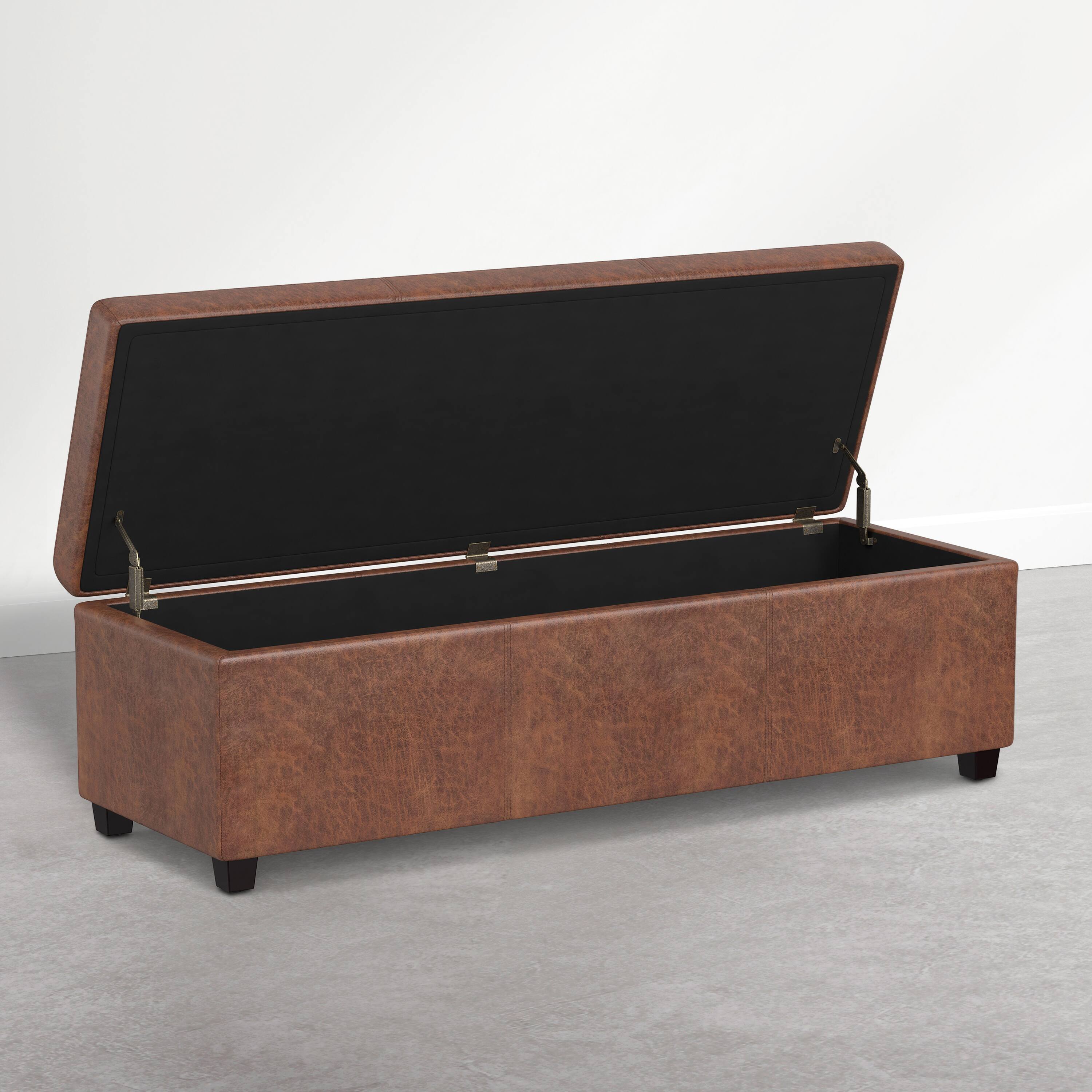 Left. Simpli Home - Avalon 54 inch Wide Upholstered Solid Wood Rectangular Ottoman Bench, Distressed Pecan Brown - Distressed Pecan Brown.