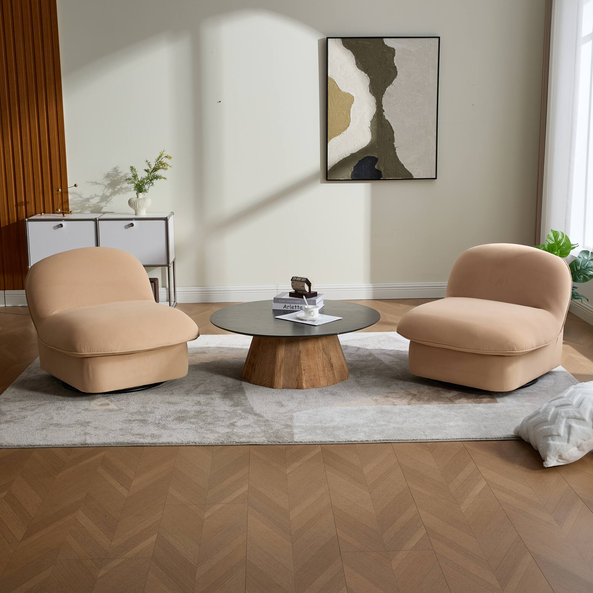 Left. GOODSILO - Pumpkin-Shaped Velvet Swivel Accent Chair with 360-Degree Rotation for Living Room, Bedroom, or Office - Khaki.