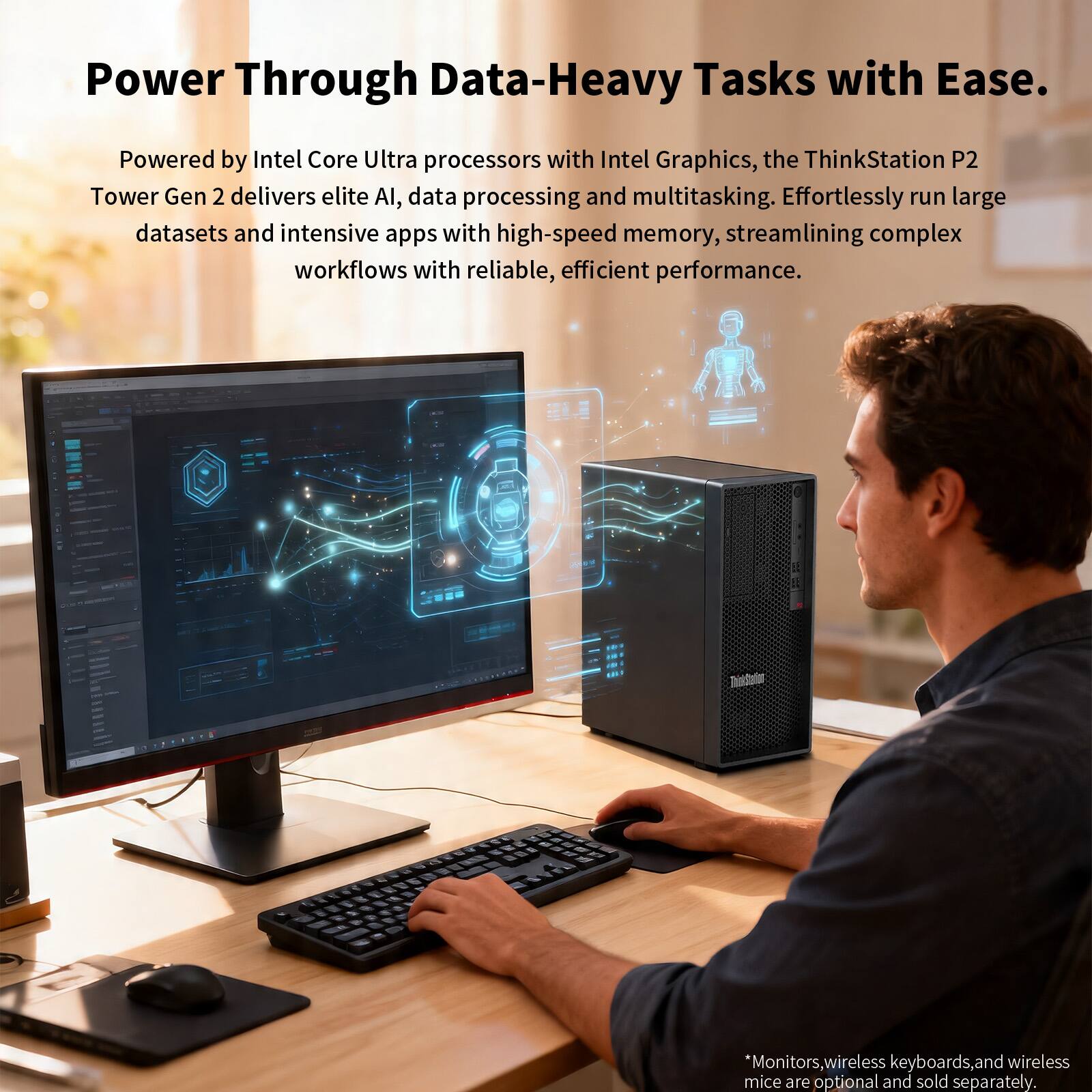 Power Through Data-Heavy Tasks with Ease.

Powered by Intel Core Ultra processors with Intel Graphics, the ThinkStation P2 Tower Gen 2 delivers elite AI, data processing, and multitasking. Effortlessly run large datasets and intensive apps with high-speed memory, streamlining complex workflows with reliable, efficient performance.

*Monitors, wireless keyboards, and wireless mice are optional and sold separately.