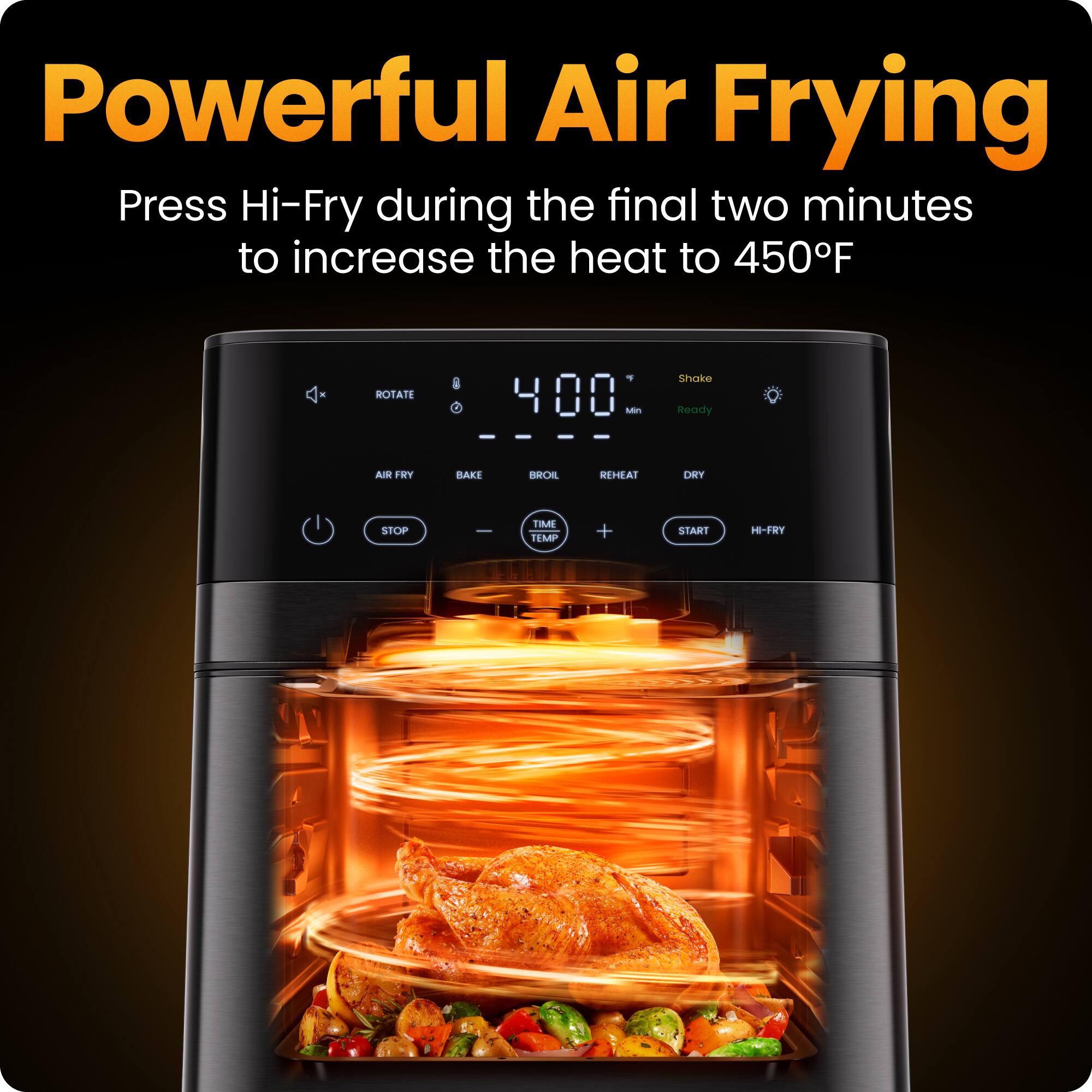 Powerful Air Frying

Press Hi-Fry during the final two minutes to increase the heat to 450°F