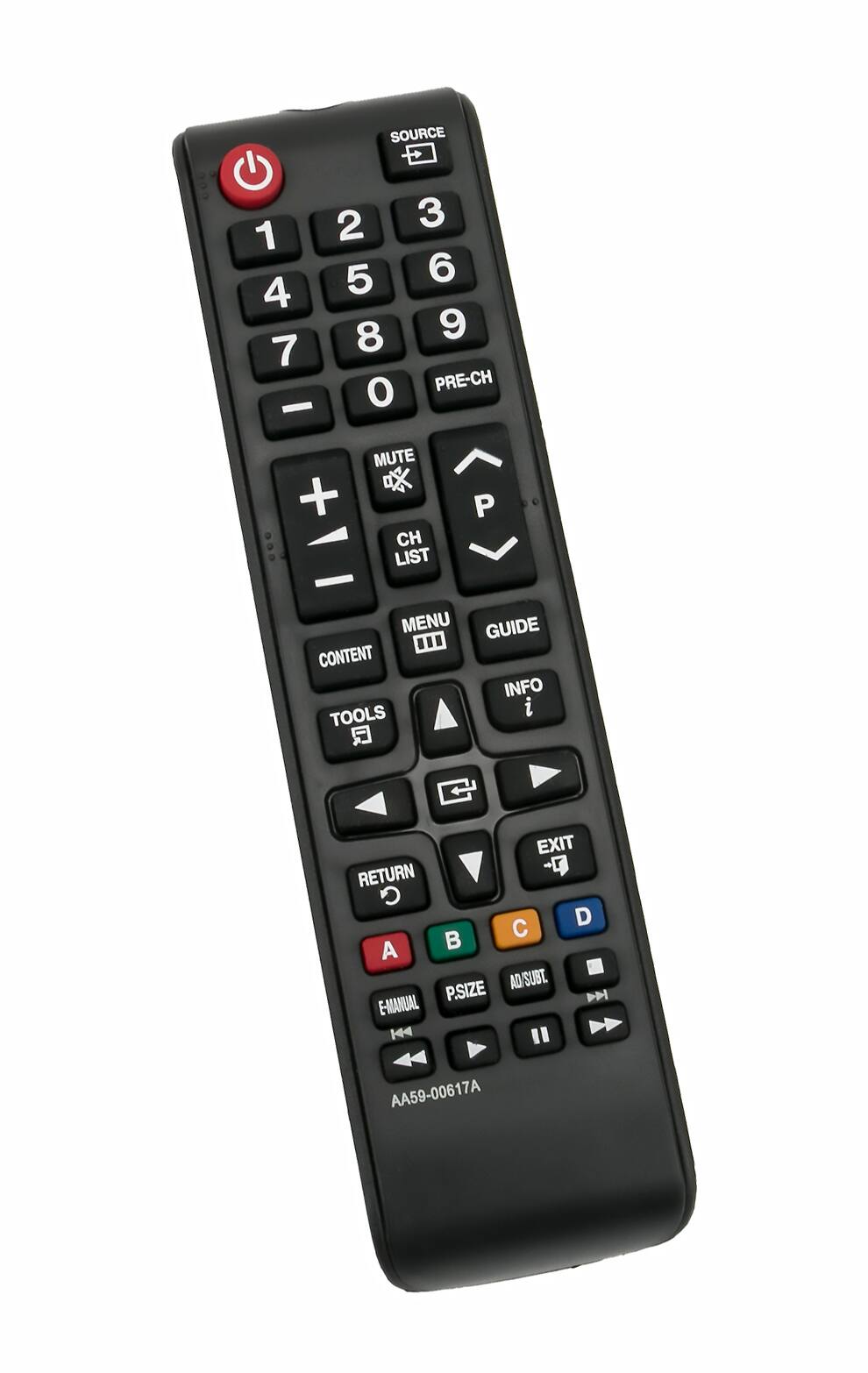 SOURCE 1 2 3 4 5 6 7 8 9 0 PRE-CH MUTE + P DO CH LIST MENU GUIDE CONTENT INFO TOOLS EXIT RETURN G D C A P.SIZE AD/SUBT. DN E-MANUAL |4 AA59-00617A