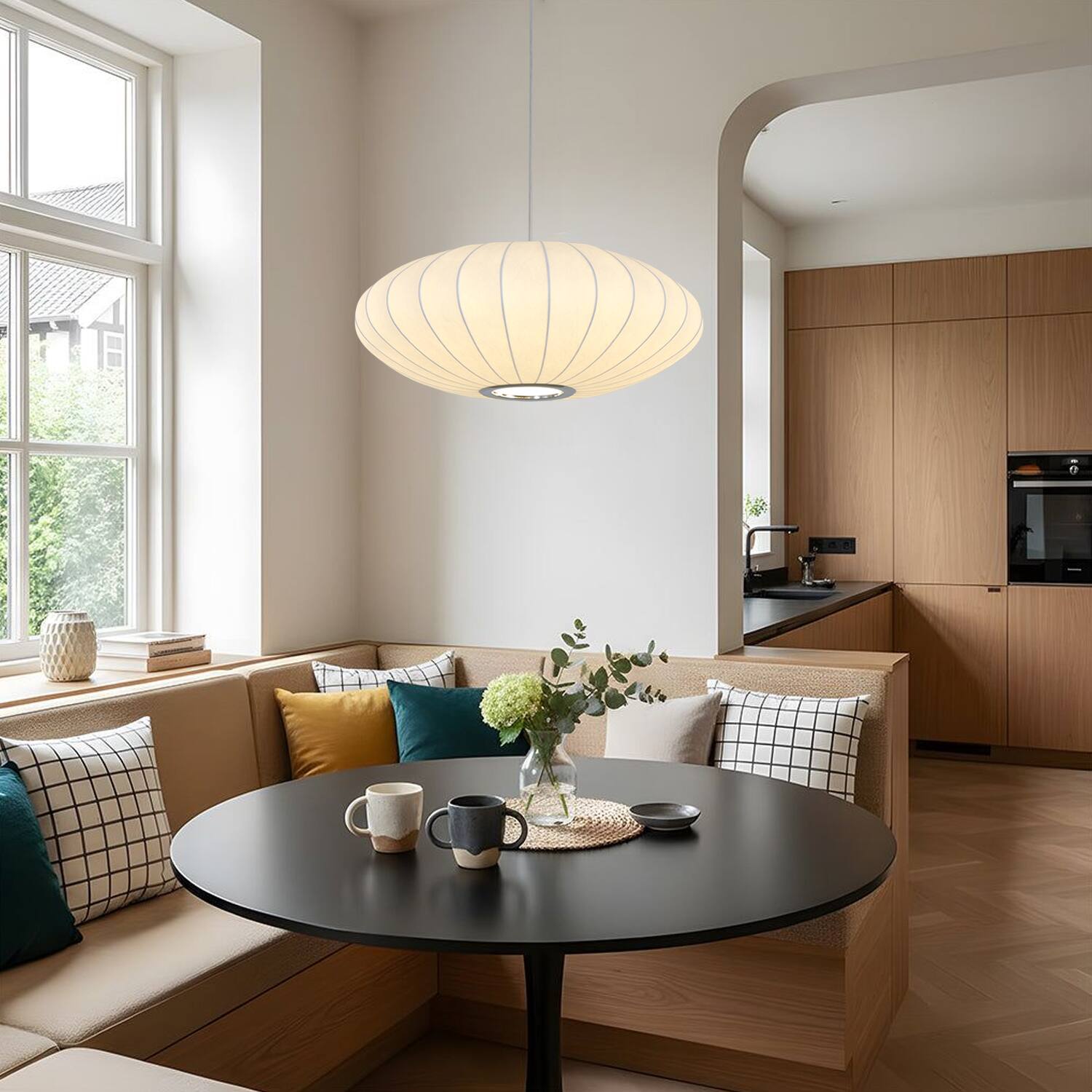 Angle. Umeiluce - 19.7 Inches Mid-century Pendant Light Oval Silk Shade Dimmable - White.