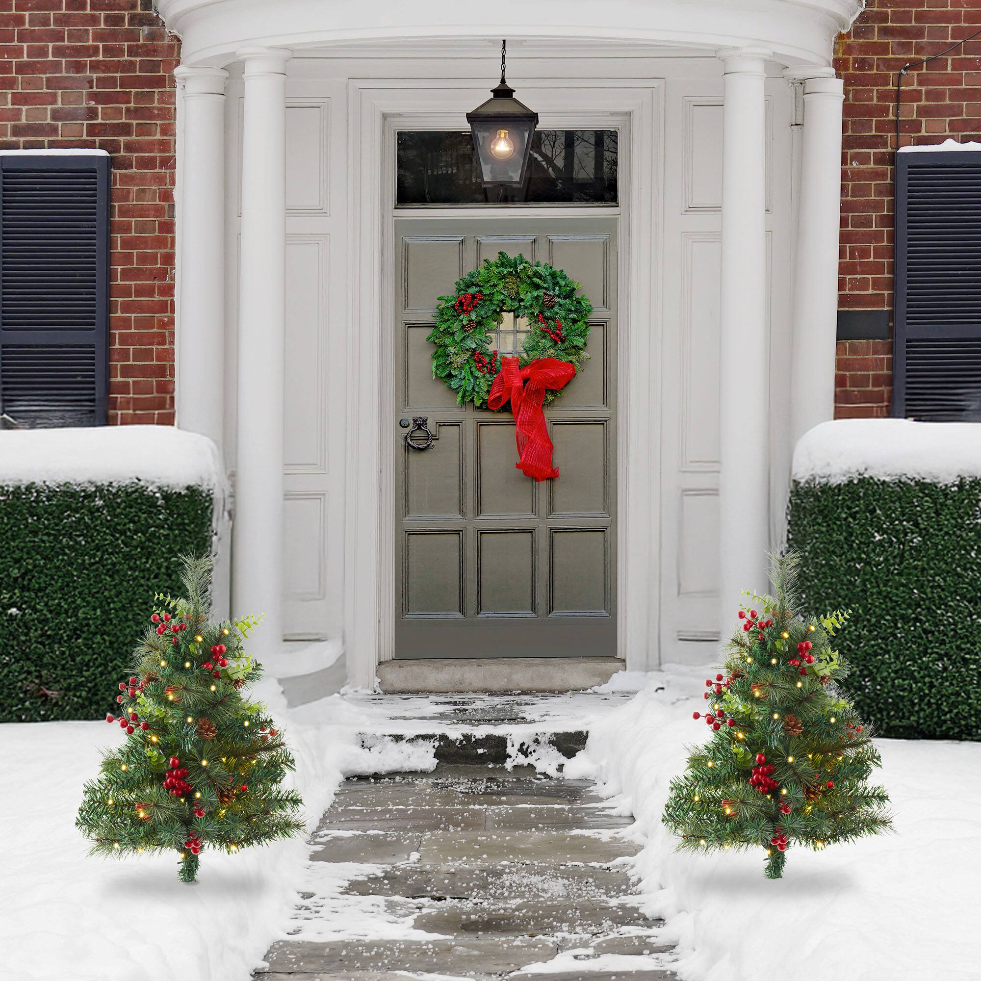 Alt View 1. Casafield - 2 - 24in Outdoor Pathway Christmas Trees with LED Lights - Green / Red.