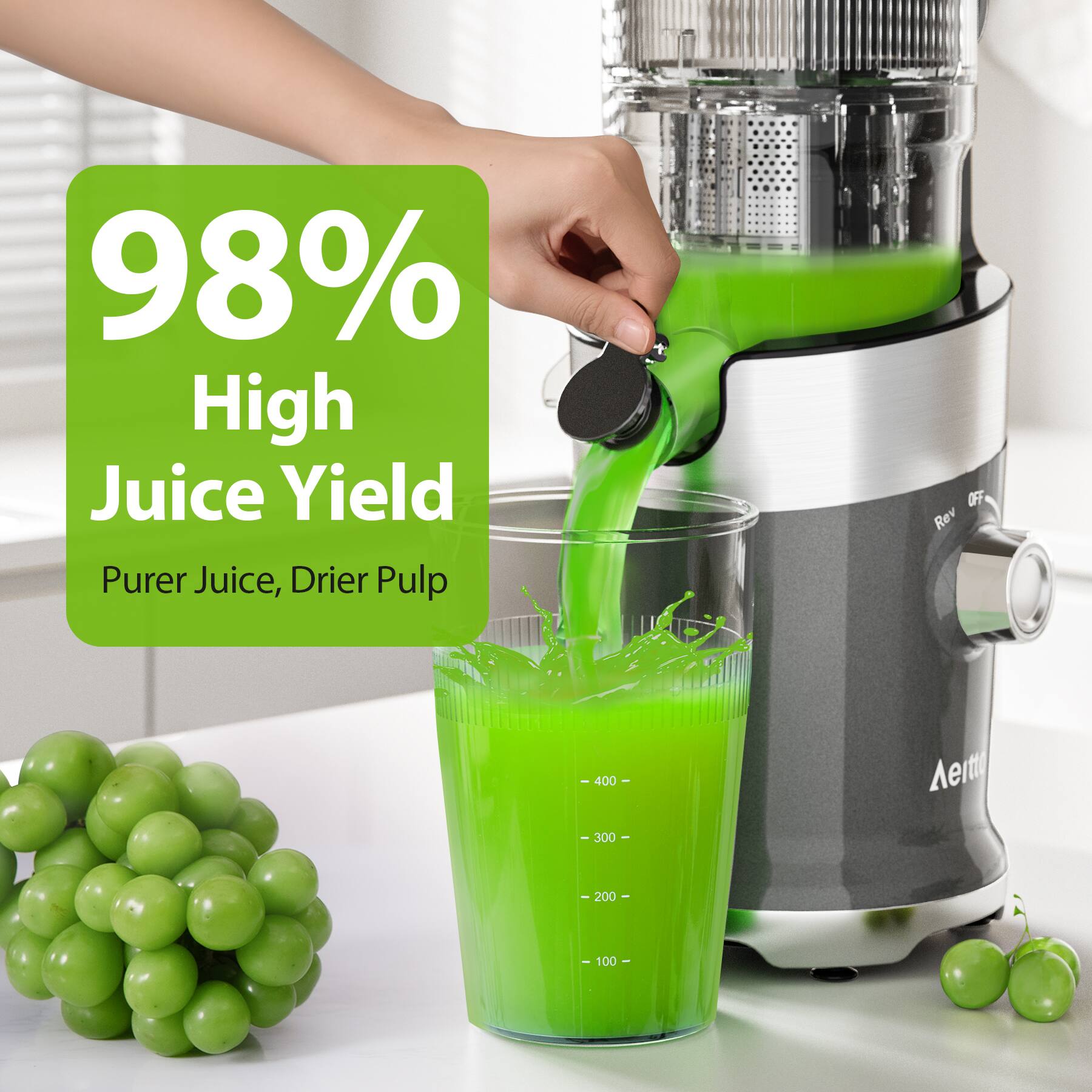 98% High Juice Yield Purer Juice, Drier Pulp OFF Rev - 400 - 300 - 200 - 100 -