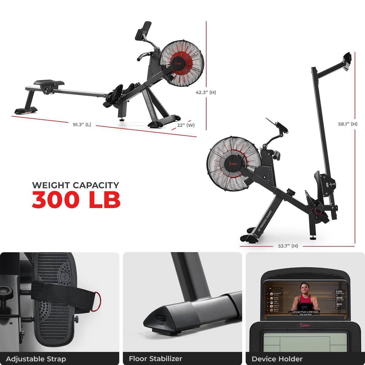 Sowr 42.3" (H) 91.3" (L) 22" (W) 58.1" (H) Sinevr WEIGHT CAPACITY 300 LB SMAT  E+ 53.7" (H) 1m S an VATE ! - Pun Fm - SUNNY Adjustable Strap Floor Stabilizer Device Holder