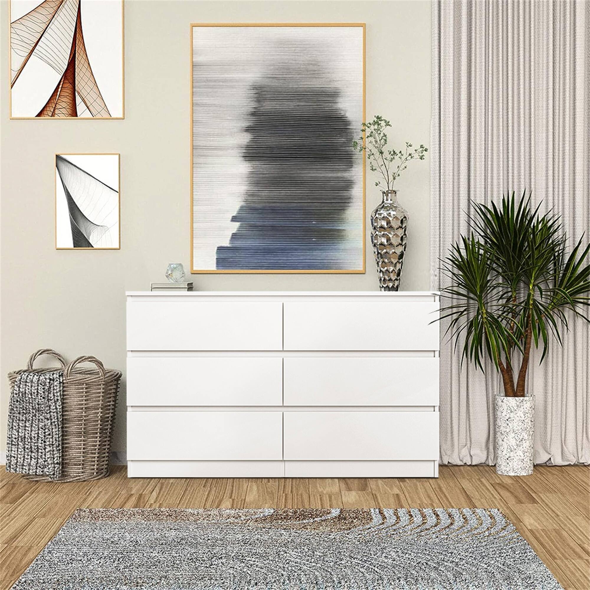 Back. Spaco - Modern 6 Drawer Dresser Table, Storage Cabinet, Minimalist Chest, TV Stand Vanity For Bedroom, Living Room - White.