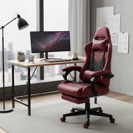 Forest'nSky - Racing Gaming Chair with Footrest, Diamond PU Leather High Back Swivel Recliner with Lumbar Support - Red