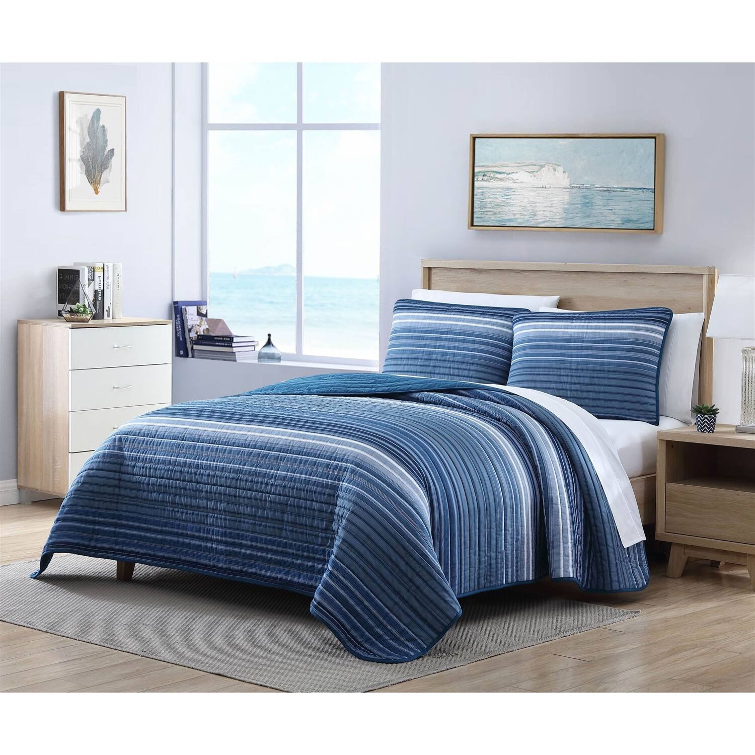 Left. Hivvago - King Size Coastal Blue Stripe Reversible Cotton Quilt Set - Blue.