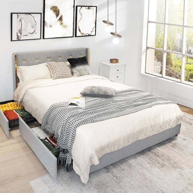 Left. Hivvago - Hivvago Full Size Linen Headboard 4 Drawer Storage Platform Bed - Grey/Gold.